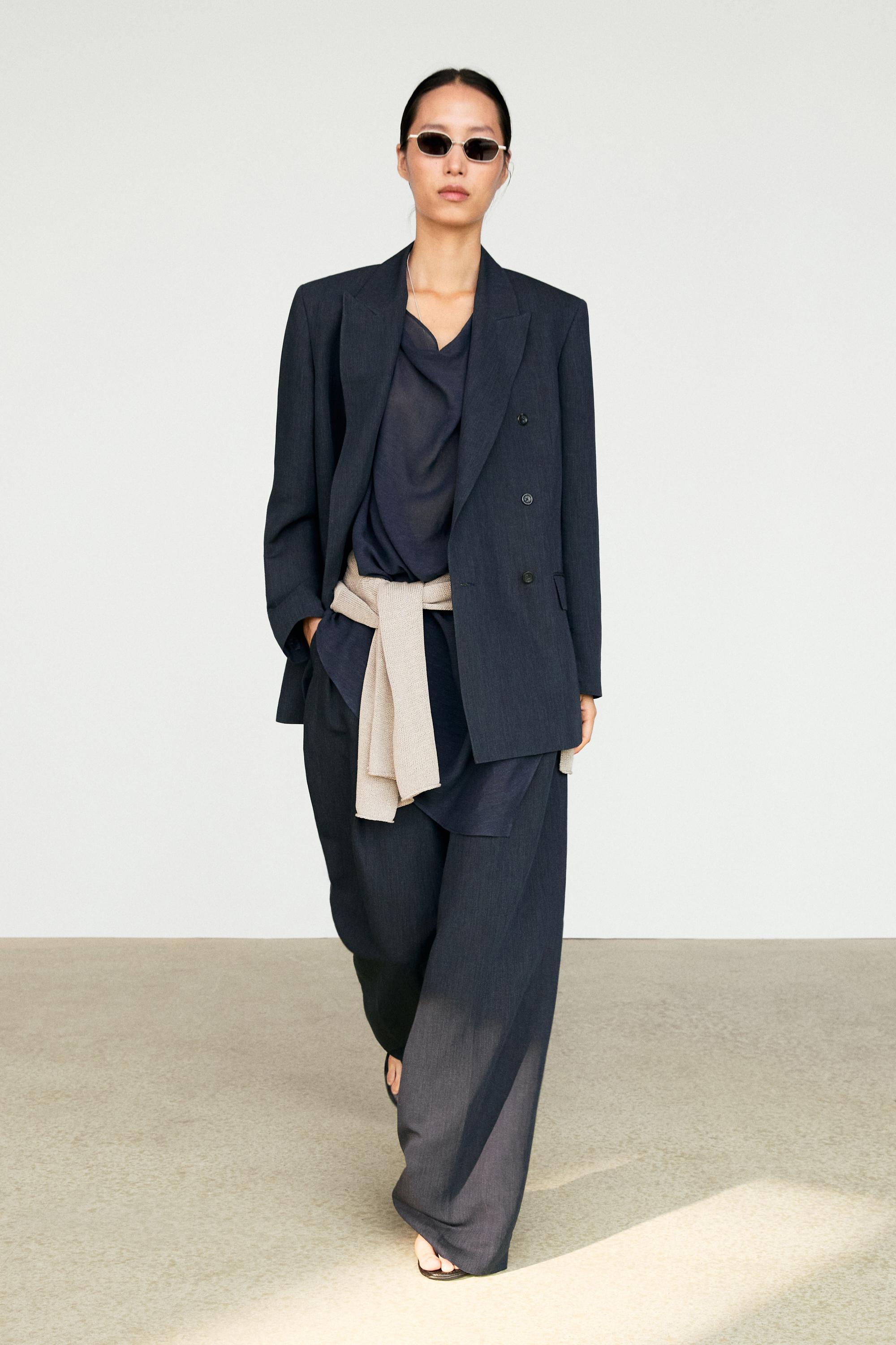 Melange linen blend double-breasted blazer — NAVY BLUE
