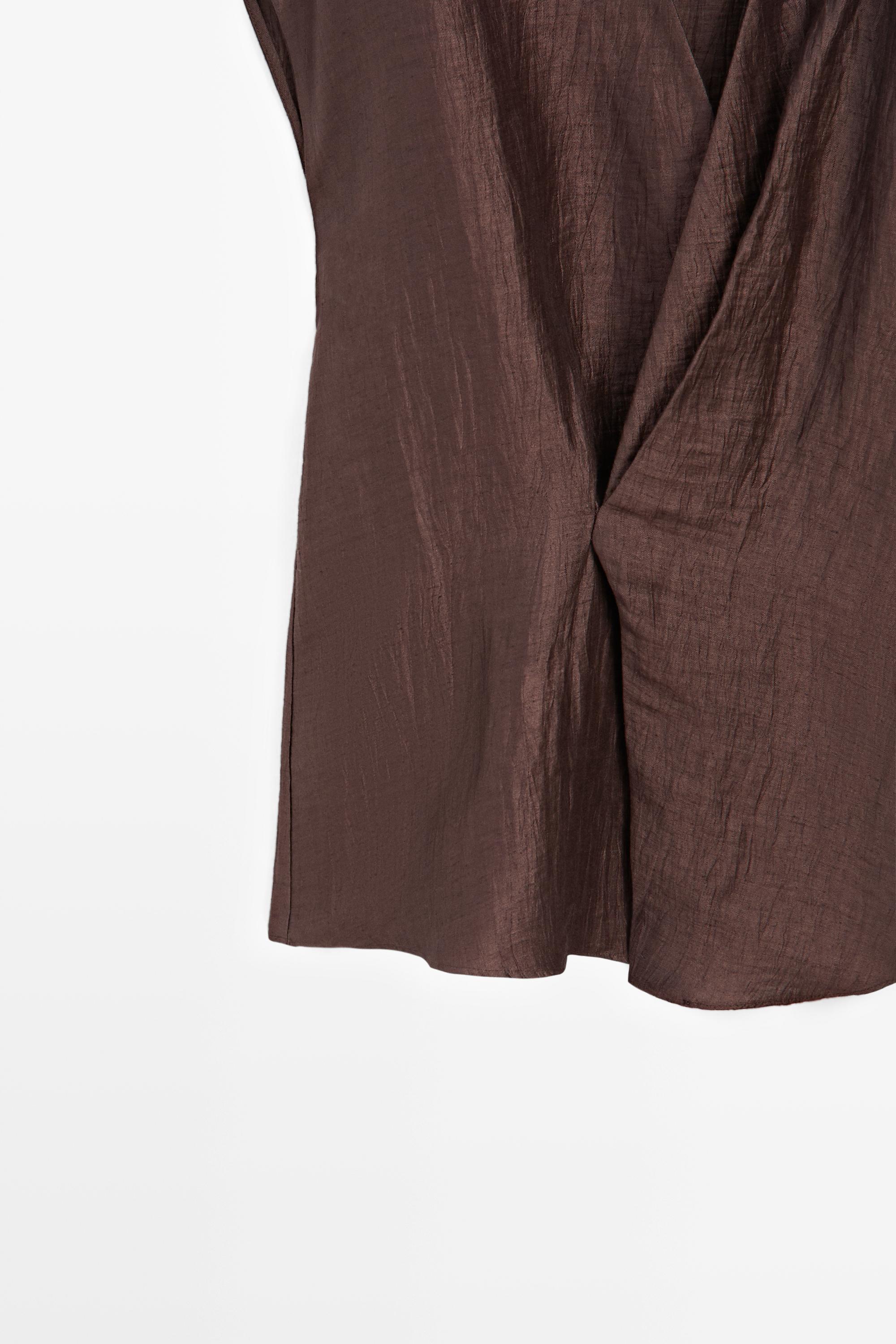 Fluid linen blend crossover kimono — BROWN