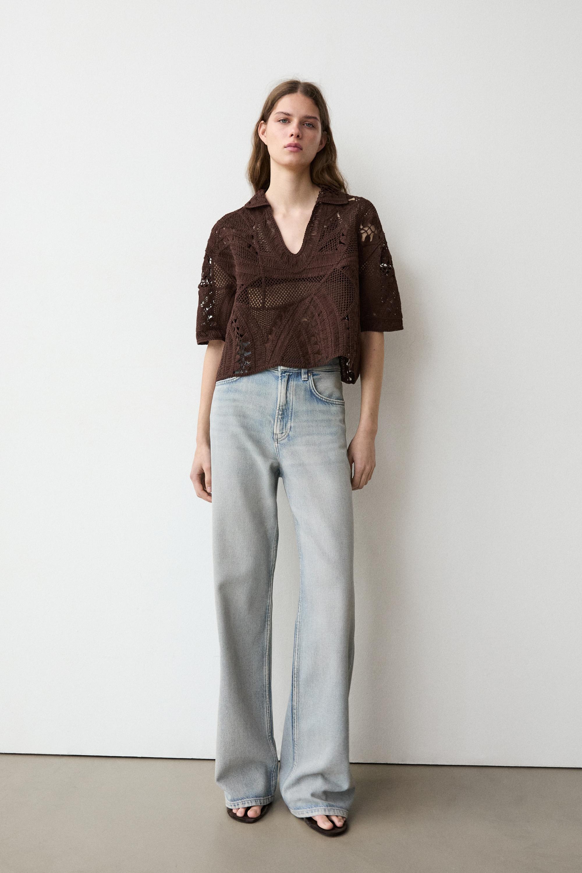 Cotton blend crochet polo T-shirt — BROWN