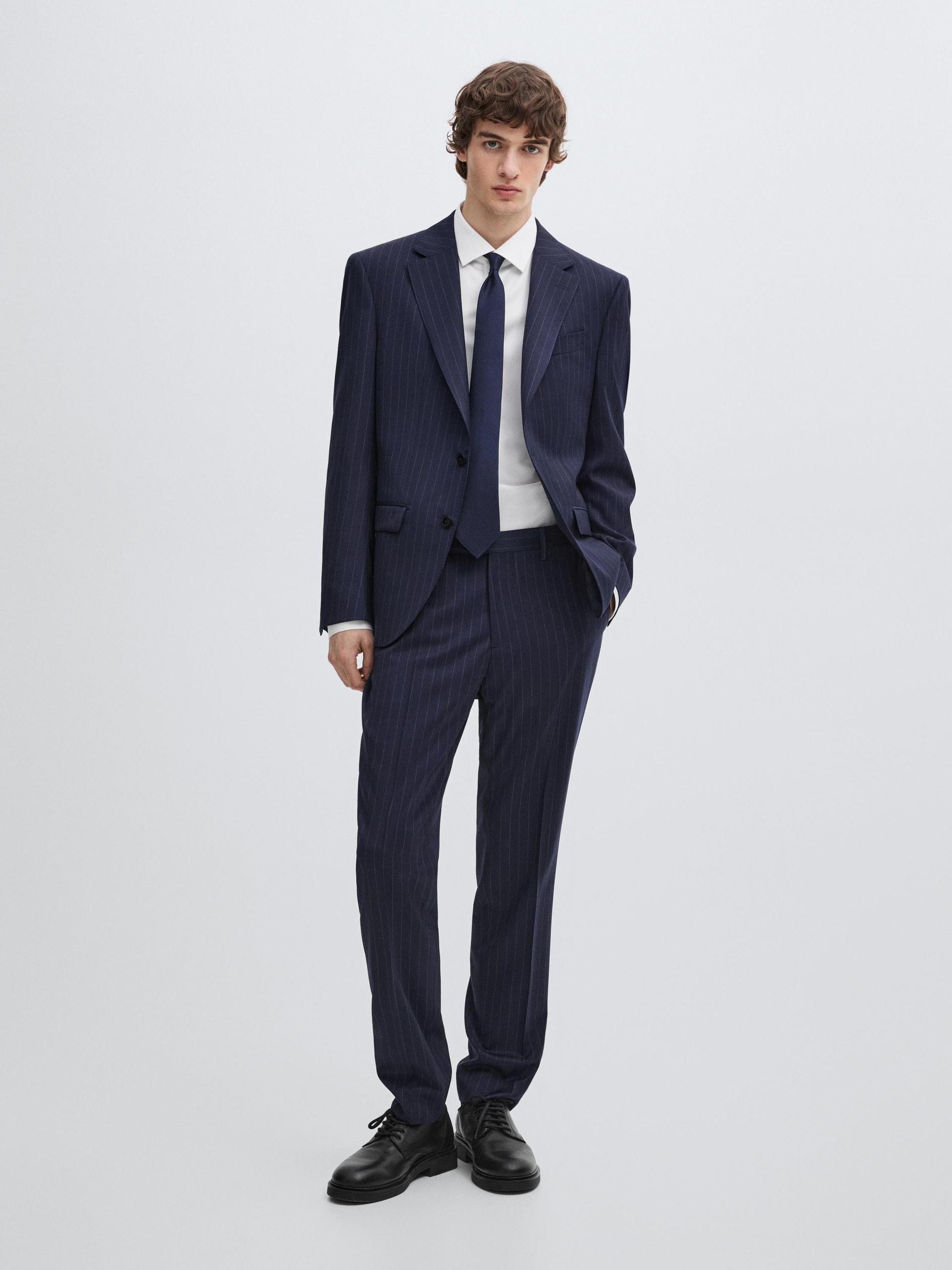 Veste De Costume À Rayures 100 % Laine - Bleu Marine - 50 - Massimo Dutti - Homme