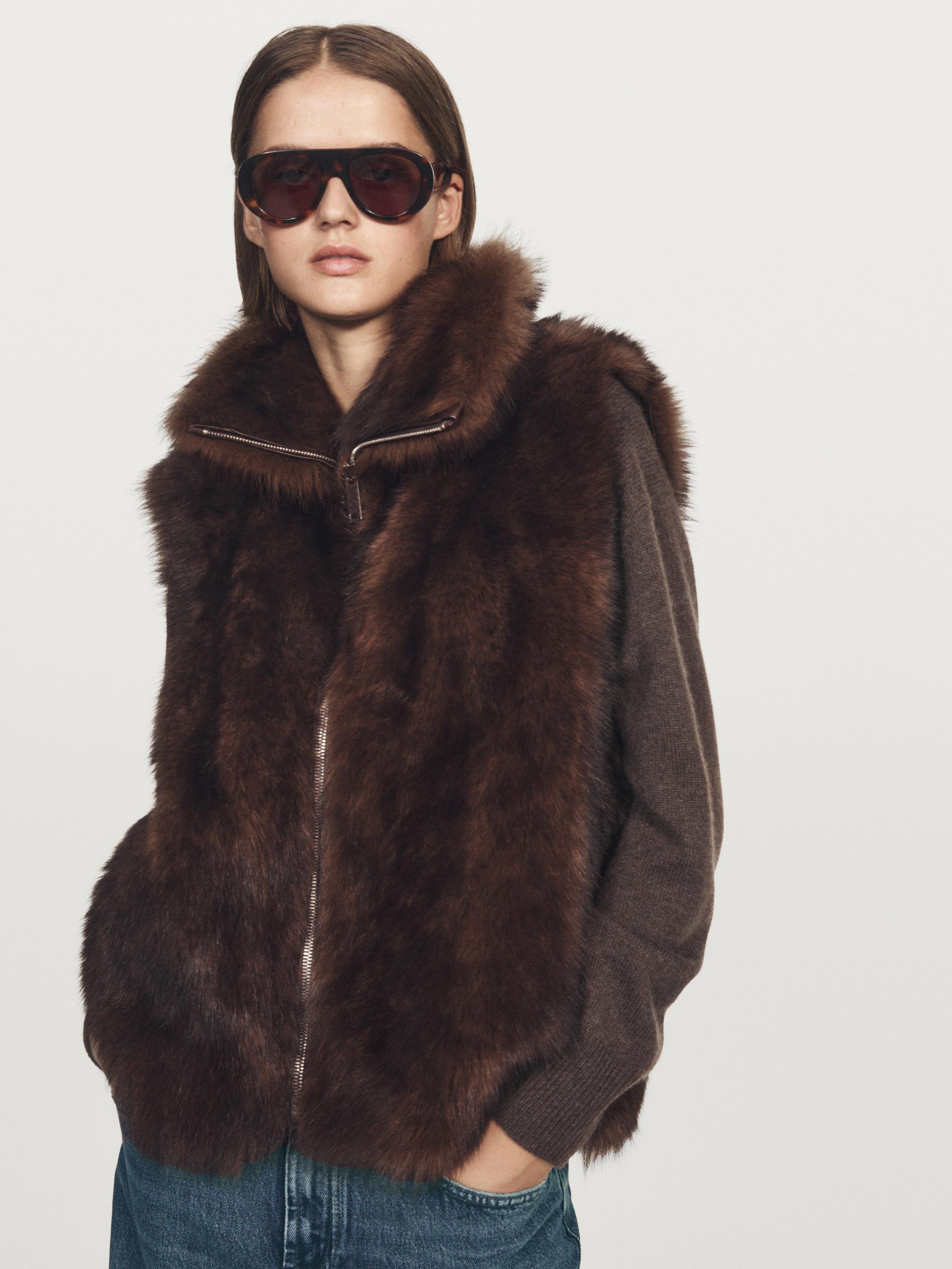 Leather high-neck waistcoat with fur — BROWN