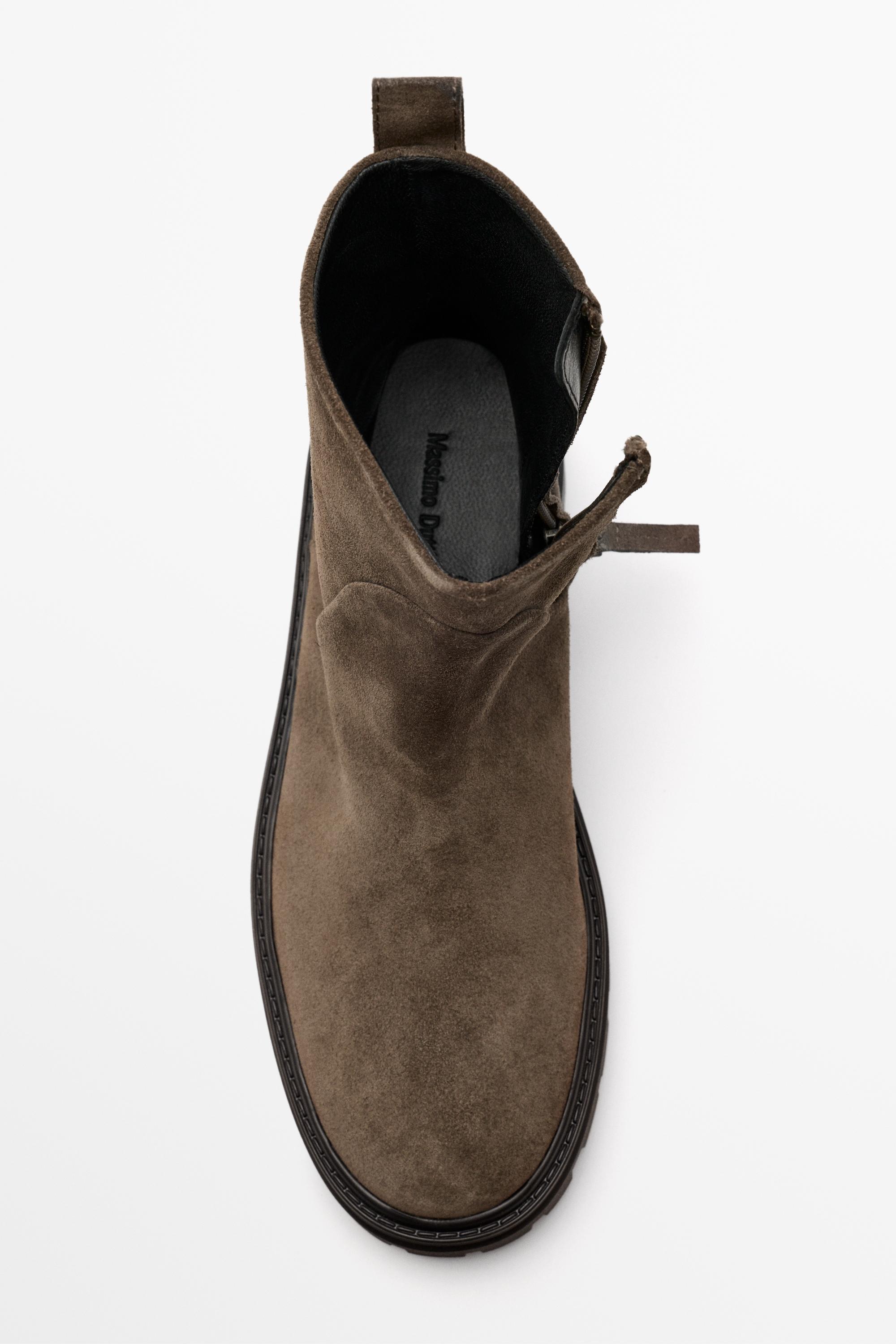 Flat split suede leather ankle boot with track sole