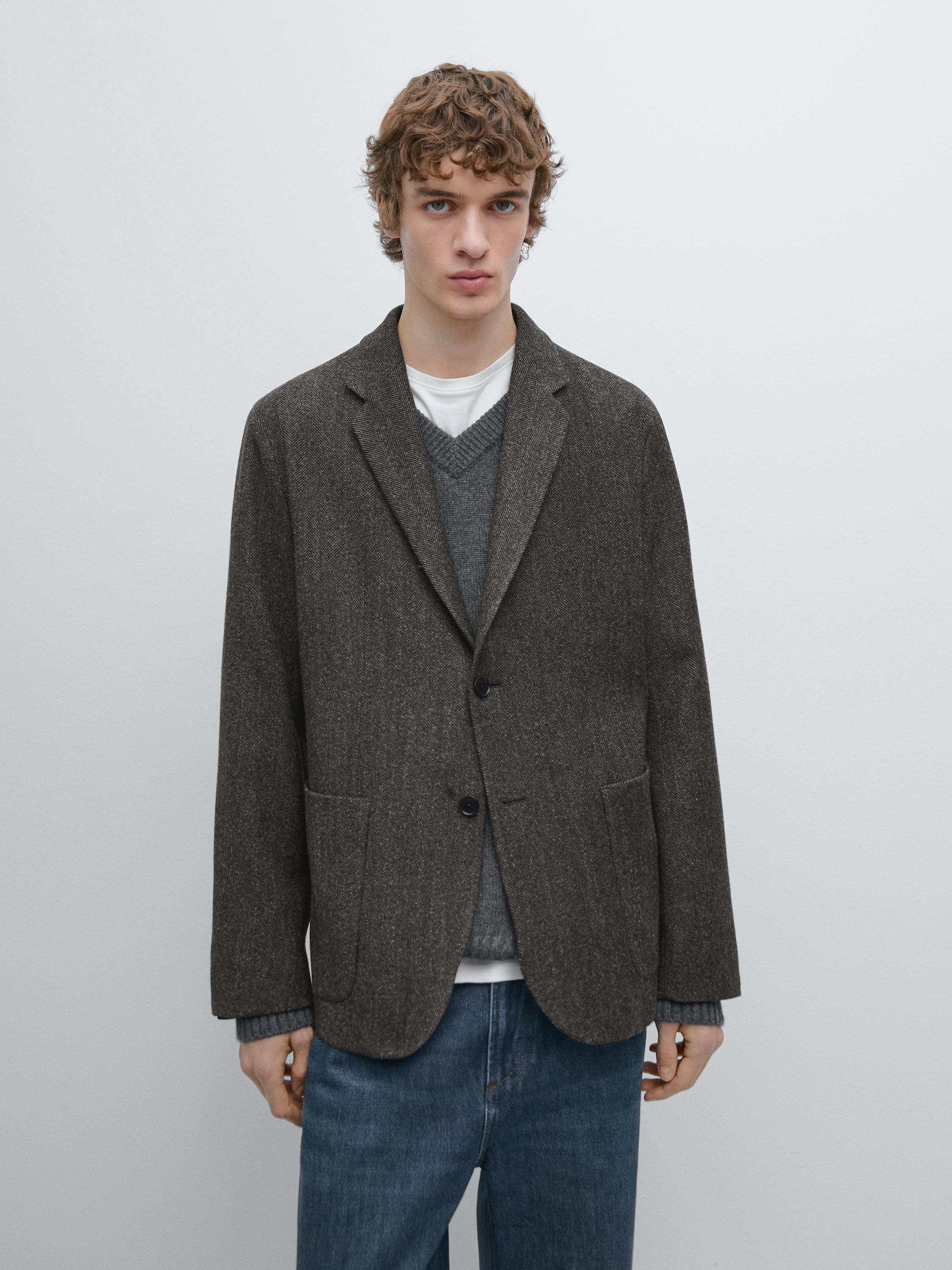 Herringbone wool blend blazer — CHARCOAL