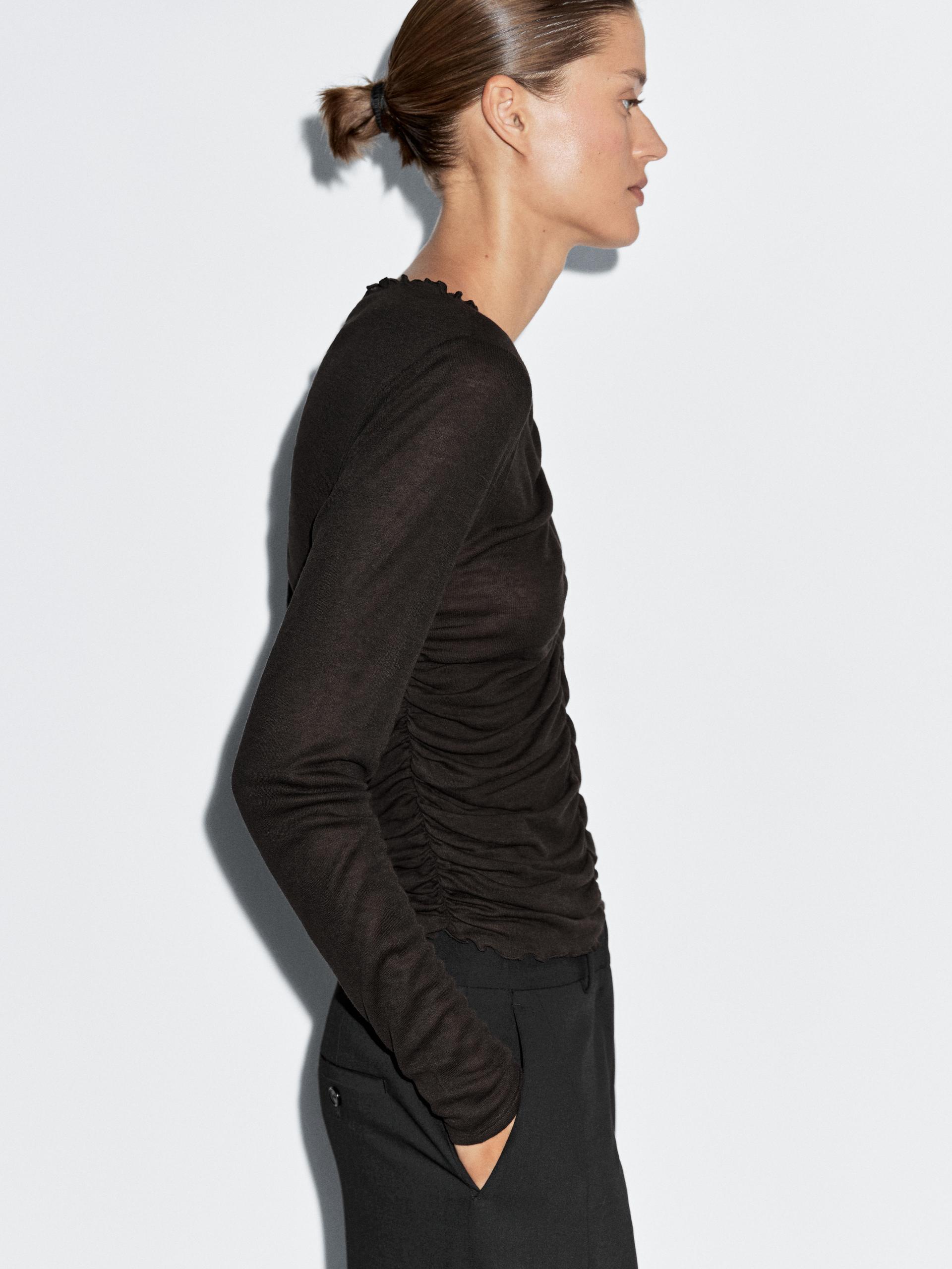 T-Shirt Manches Longues Froncé - Marron - L - Massimo Dutti - Femme