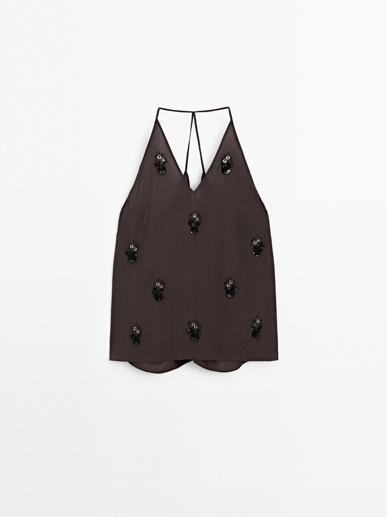 Massimo Dutti - Dame - Top Med Blødt Fald Og Applikerede Blomster - Koksgrå - L