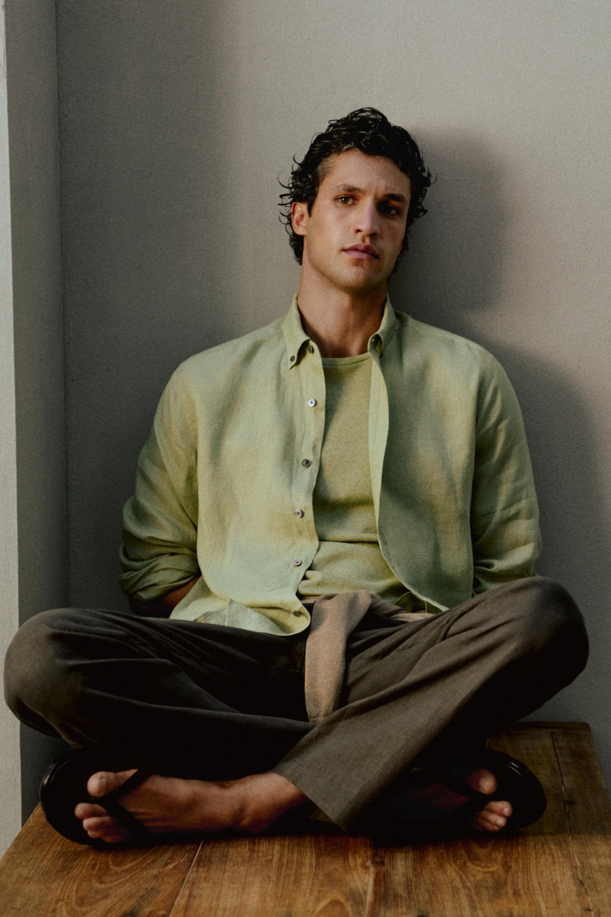 100% linen regular fit shirt — Green billiard