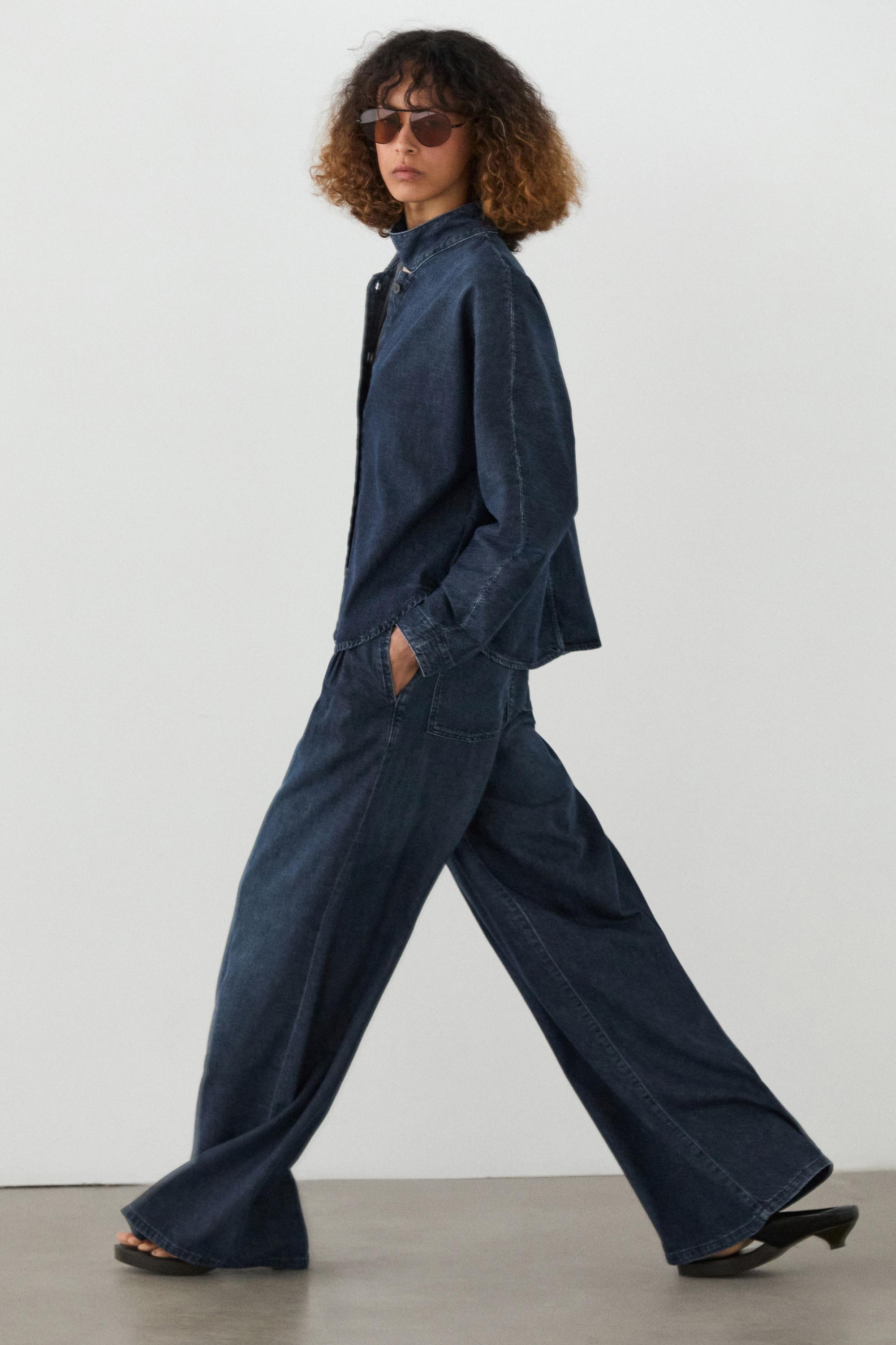 High-waist wide-leg darted jeans — DARK BLUE