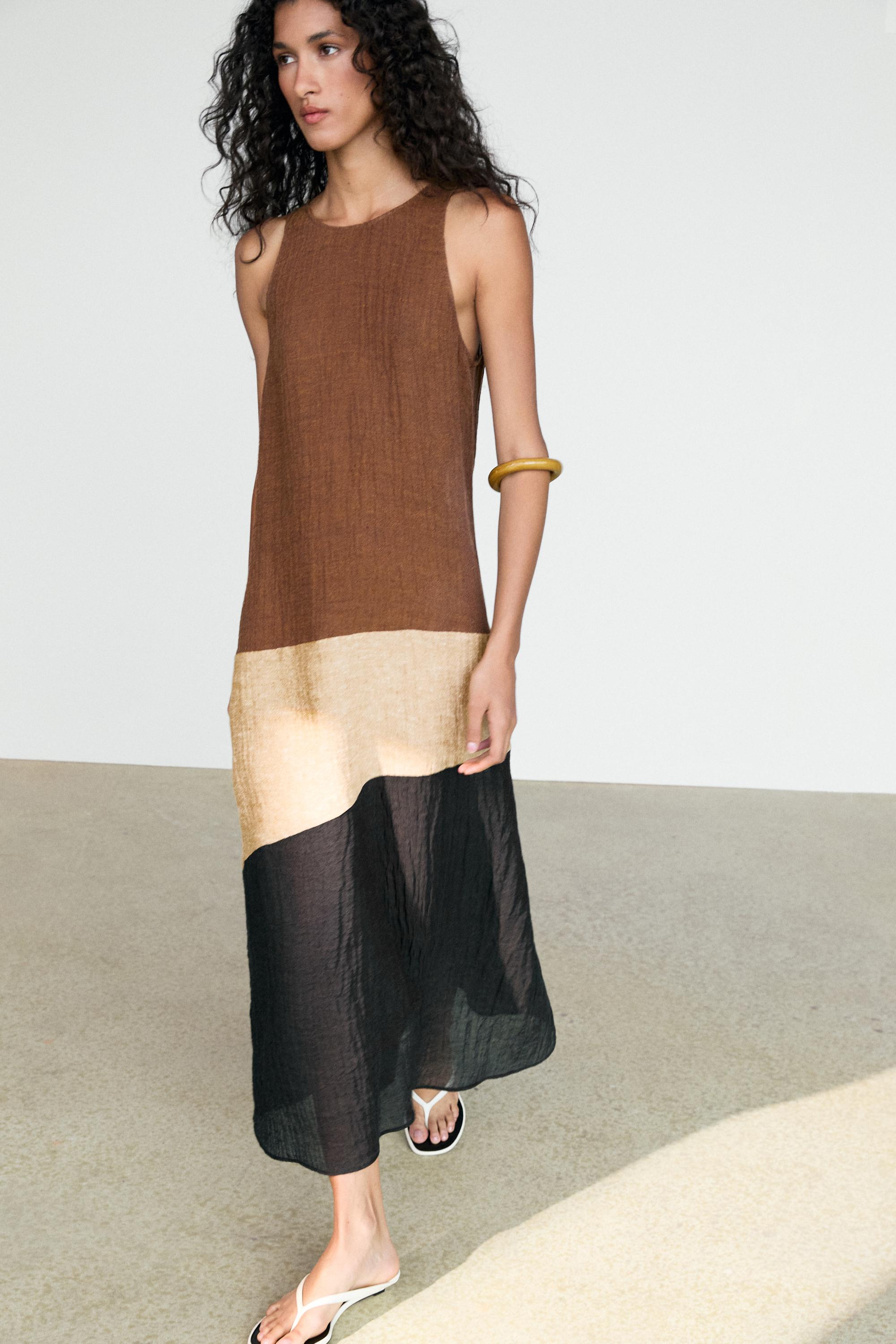 Combined linen blend midi dress — BROWN