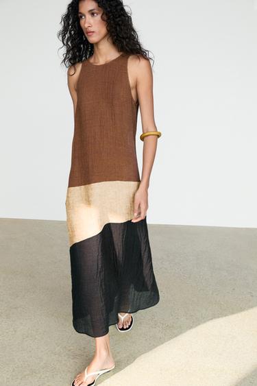 Combined linen blend midi dress — BROWN 3