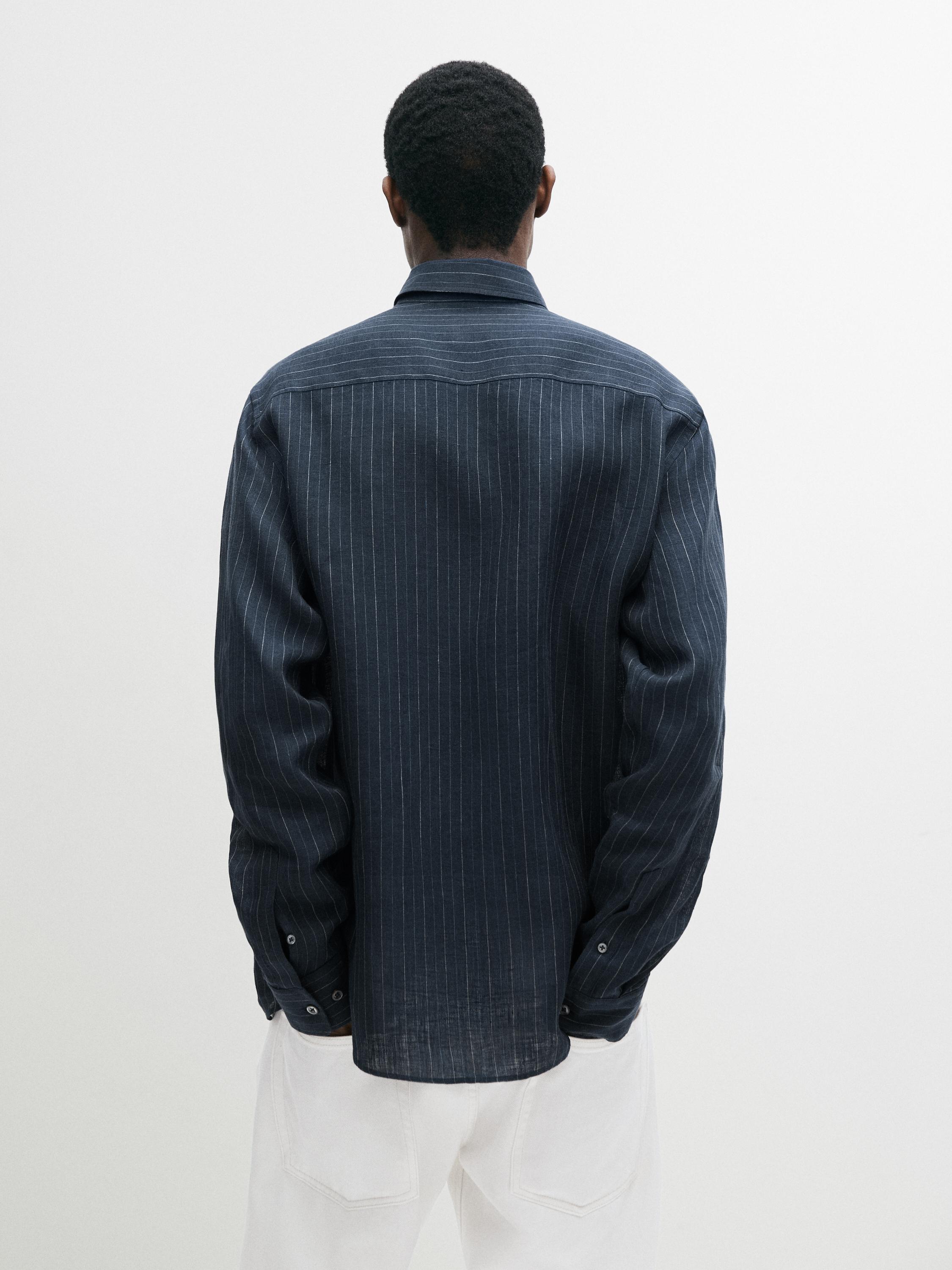 100% linen regular fit striped shirt — NAVY BLUE