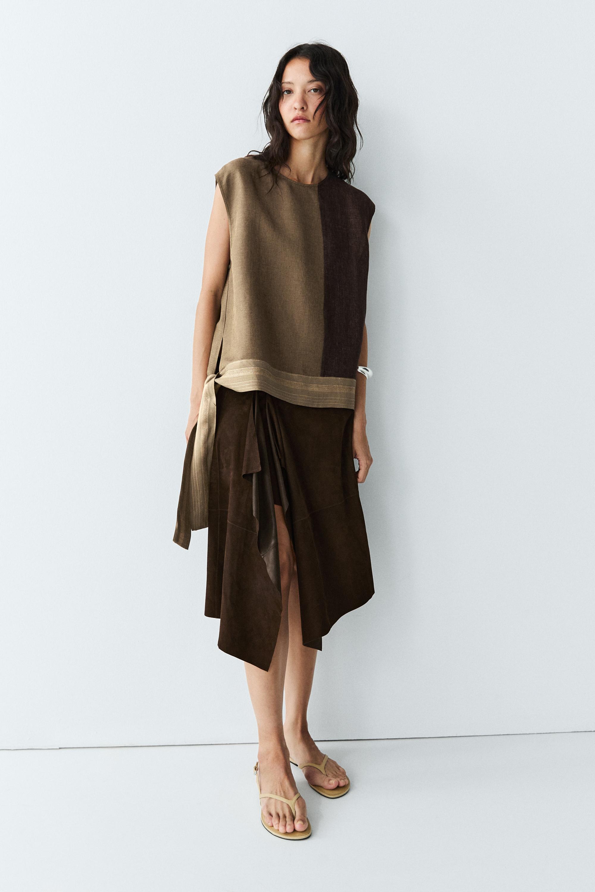 Suede leather midi skirt with ruffle detail — BROWN