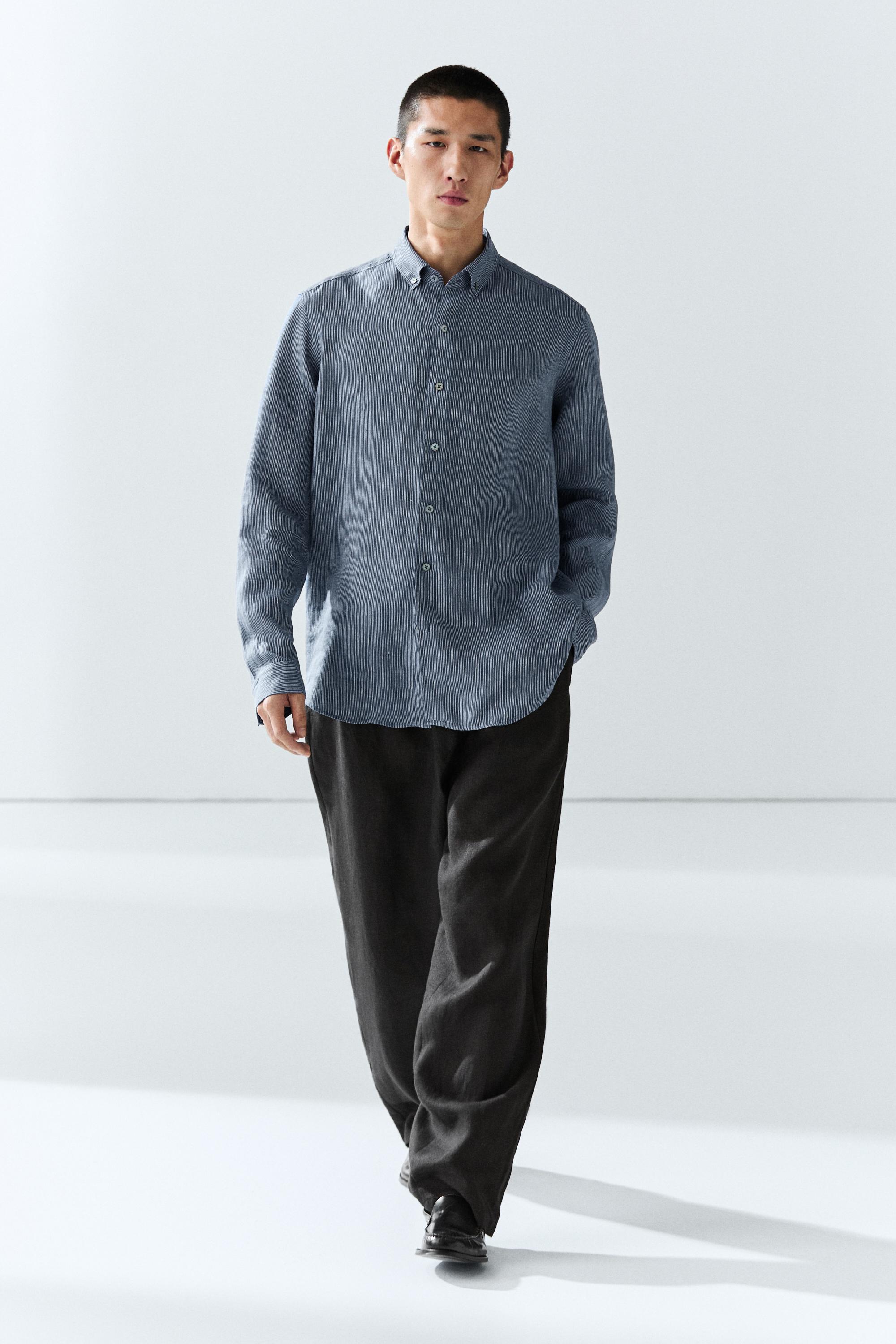 100% linen pinstriped regular fit shirt — NAVY BLUE