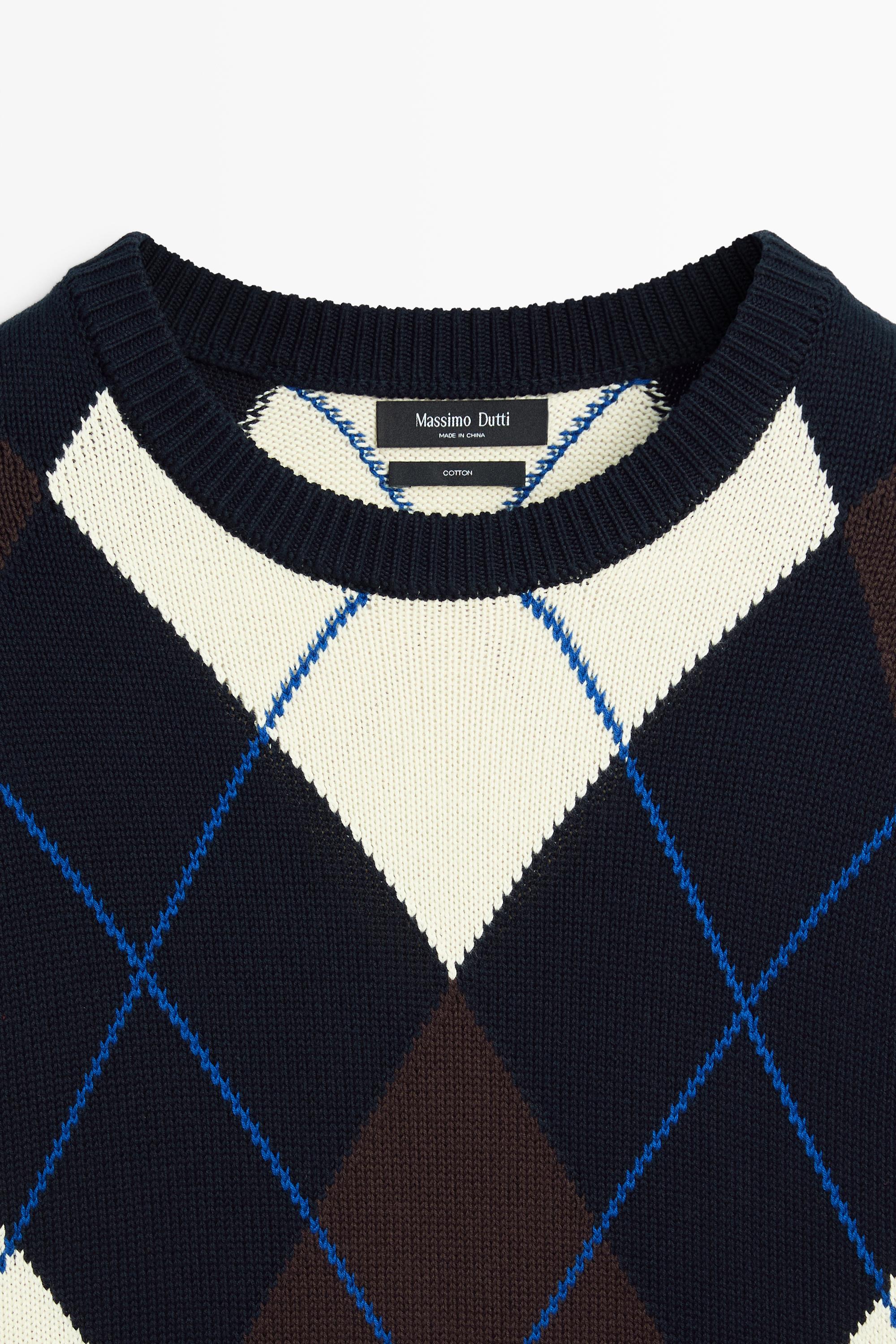100% Cotton Argyle Knit Sweater — NAVY BLUE