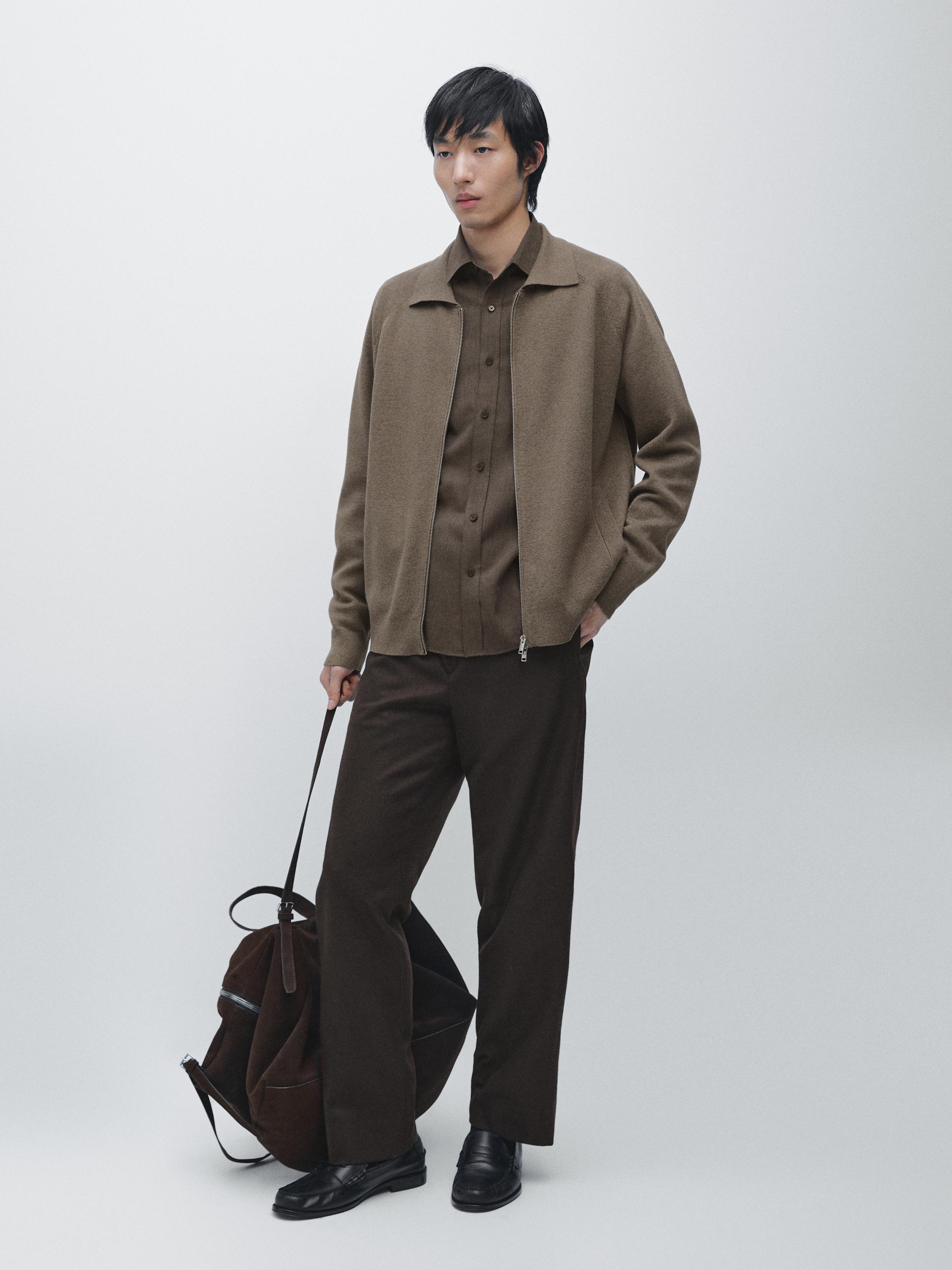 Cotton blend zip-up knit cardigan