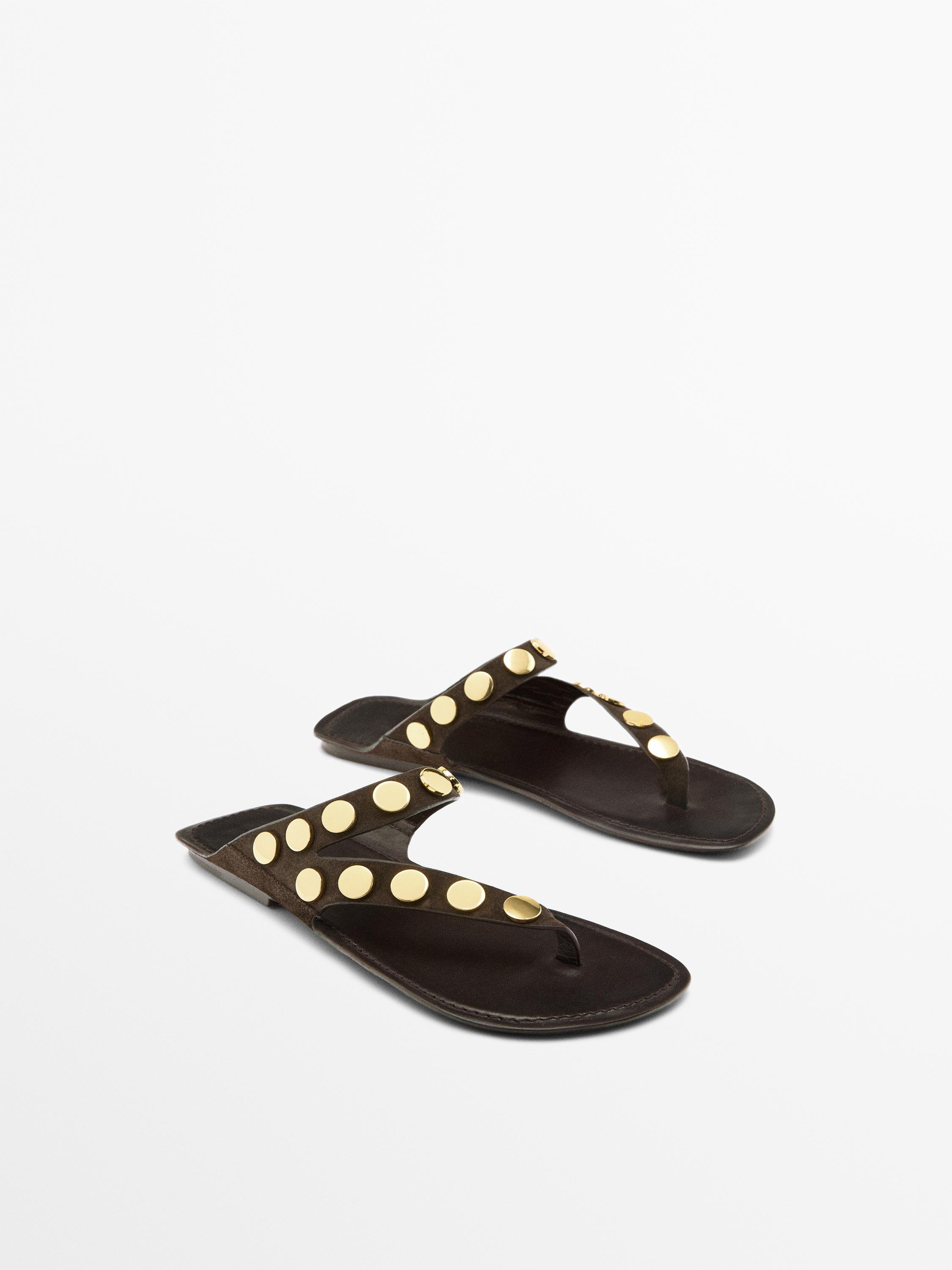Metallic studded flat sandals — BROWN