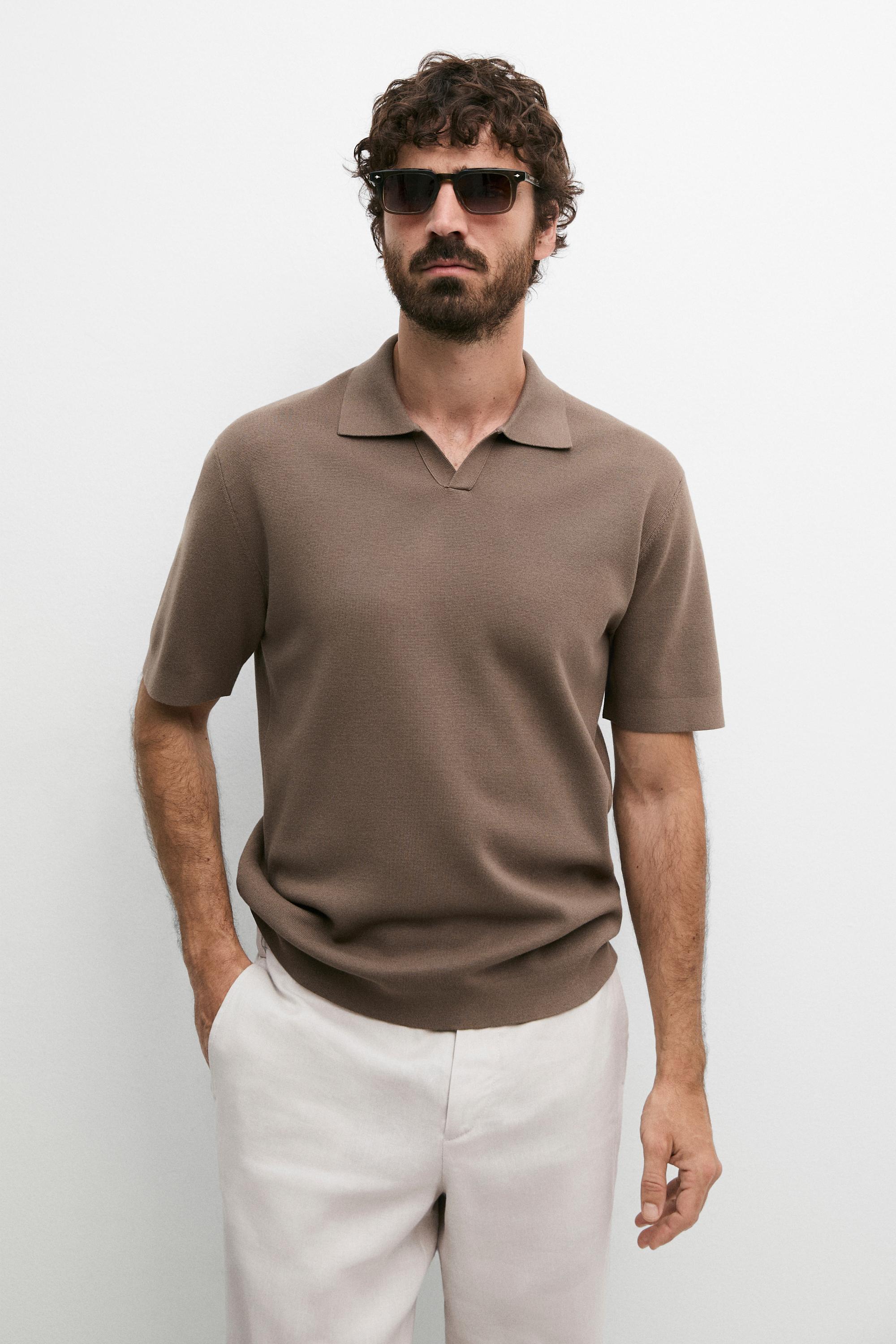 Flowing cotton blend knit polo shirt — PALE KHAKI