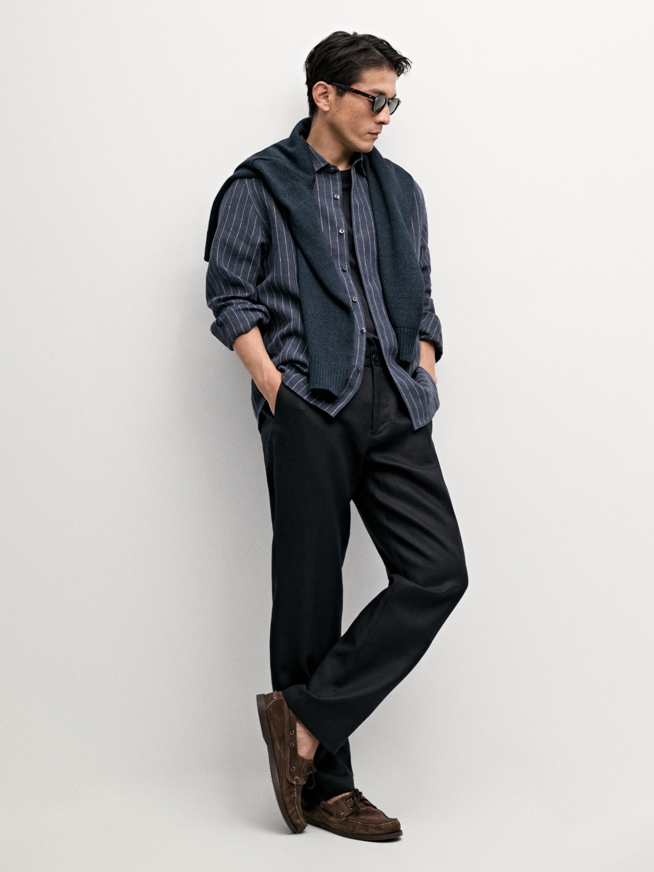 Regular fit 100% linen striped shirt — FADED BLUE