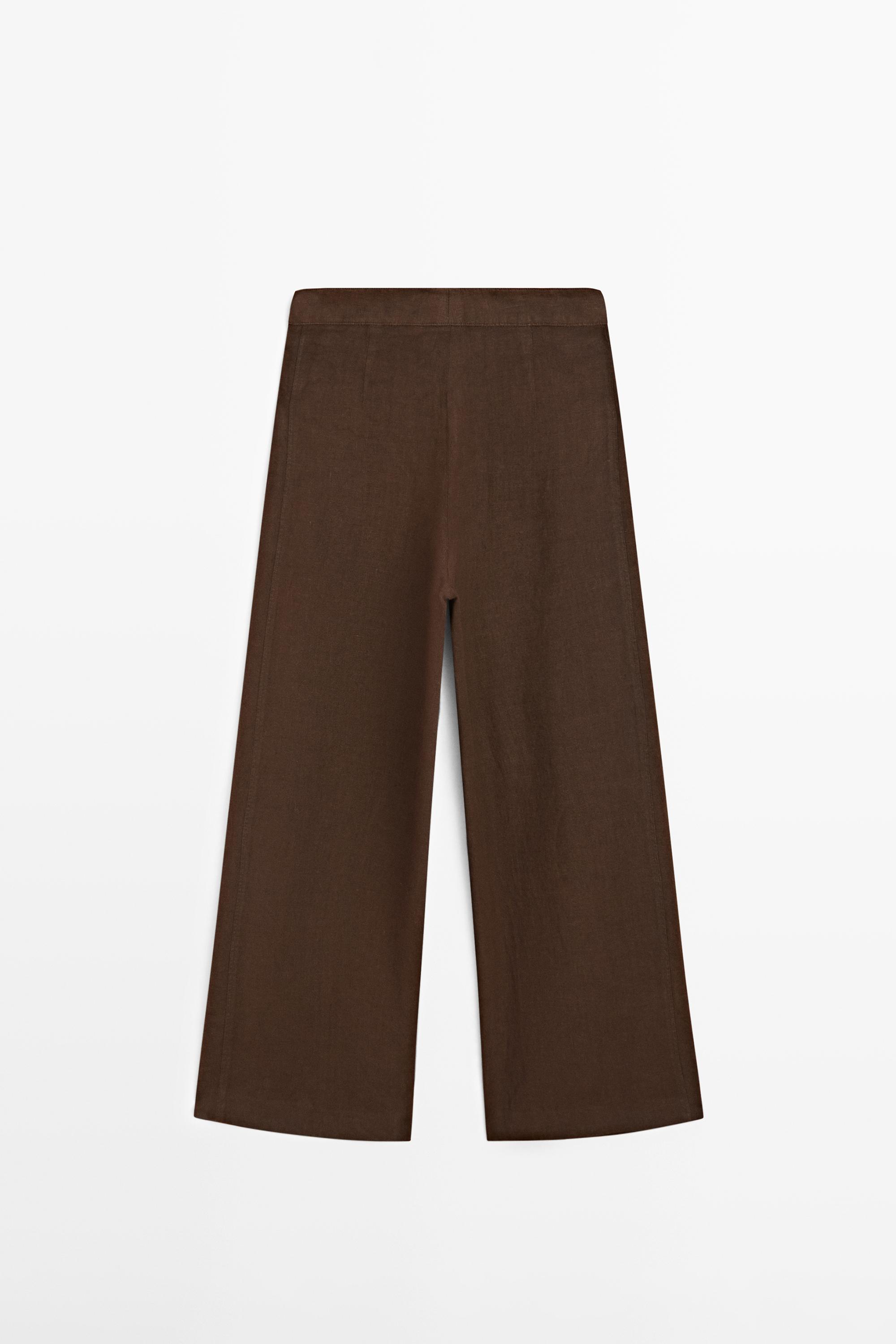 100% linen wide-leg pleated trousers — BROWN