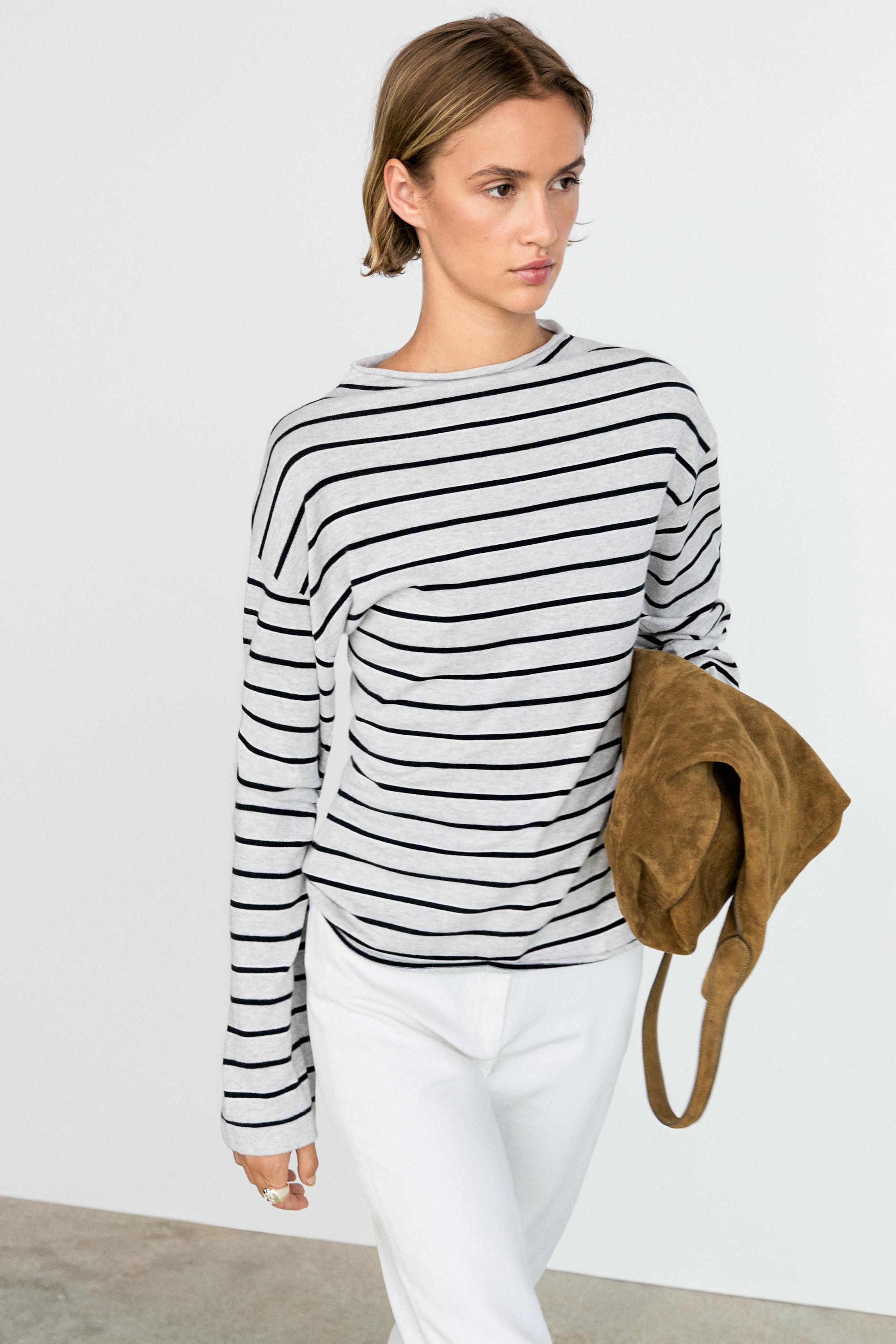 100% cotton striped knit sweater — GREY MARL