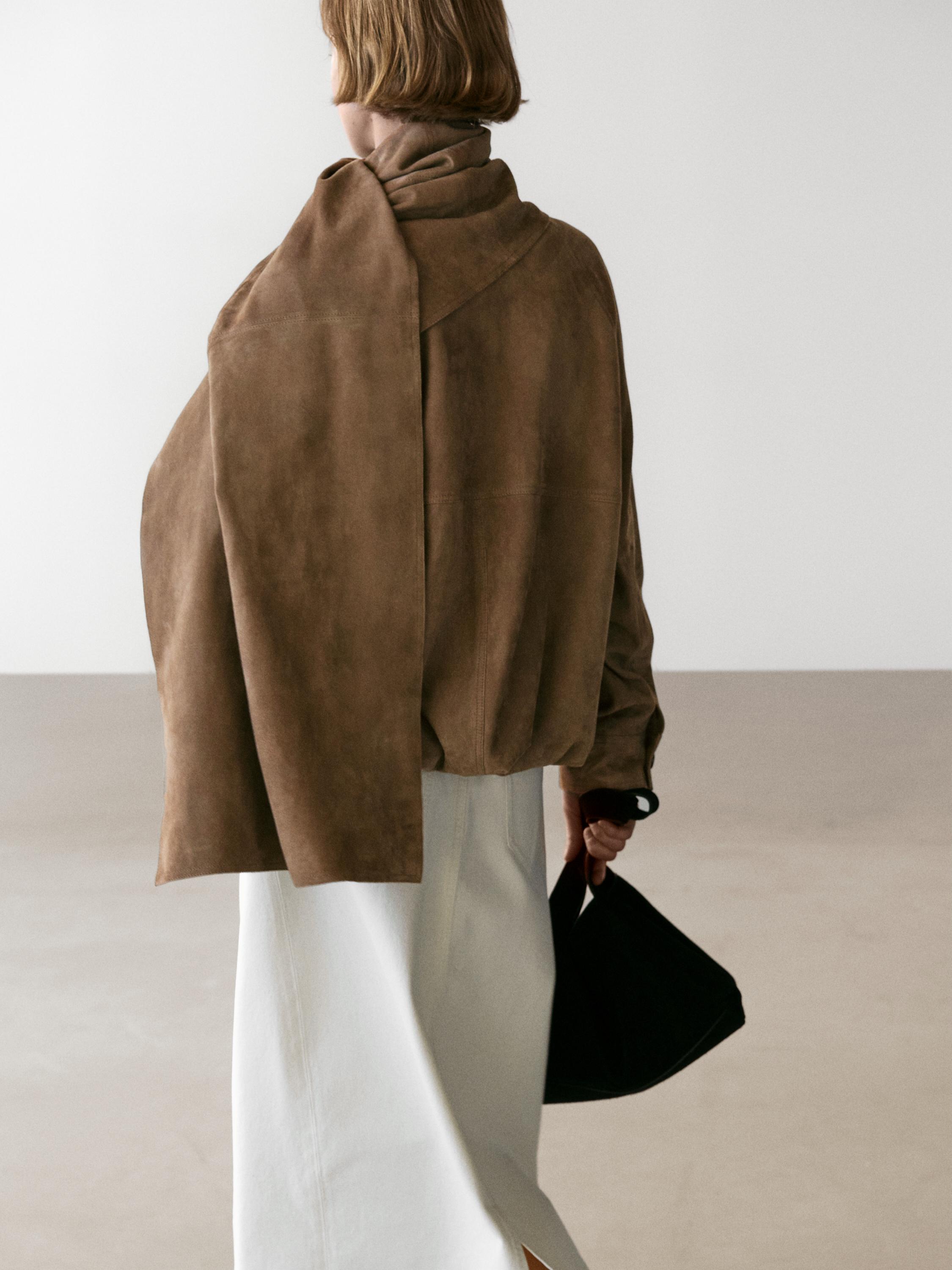 Suede leather bomber jacket with scarf detail — MOLE BROWN