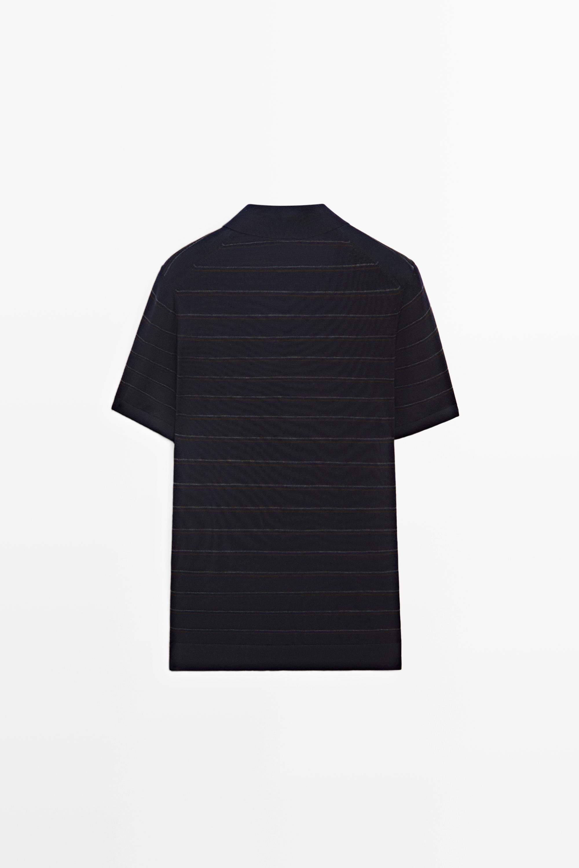 Striped short sleeve knit polo sweater — NAVY BLUE
