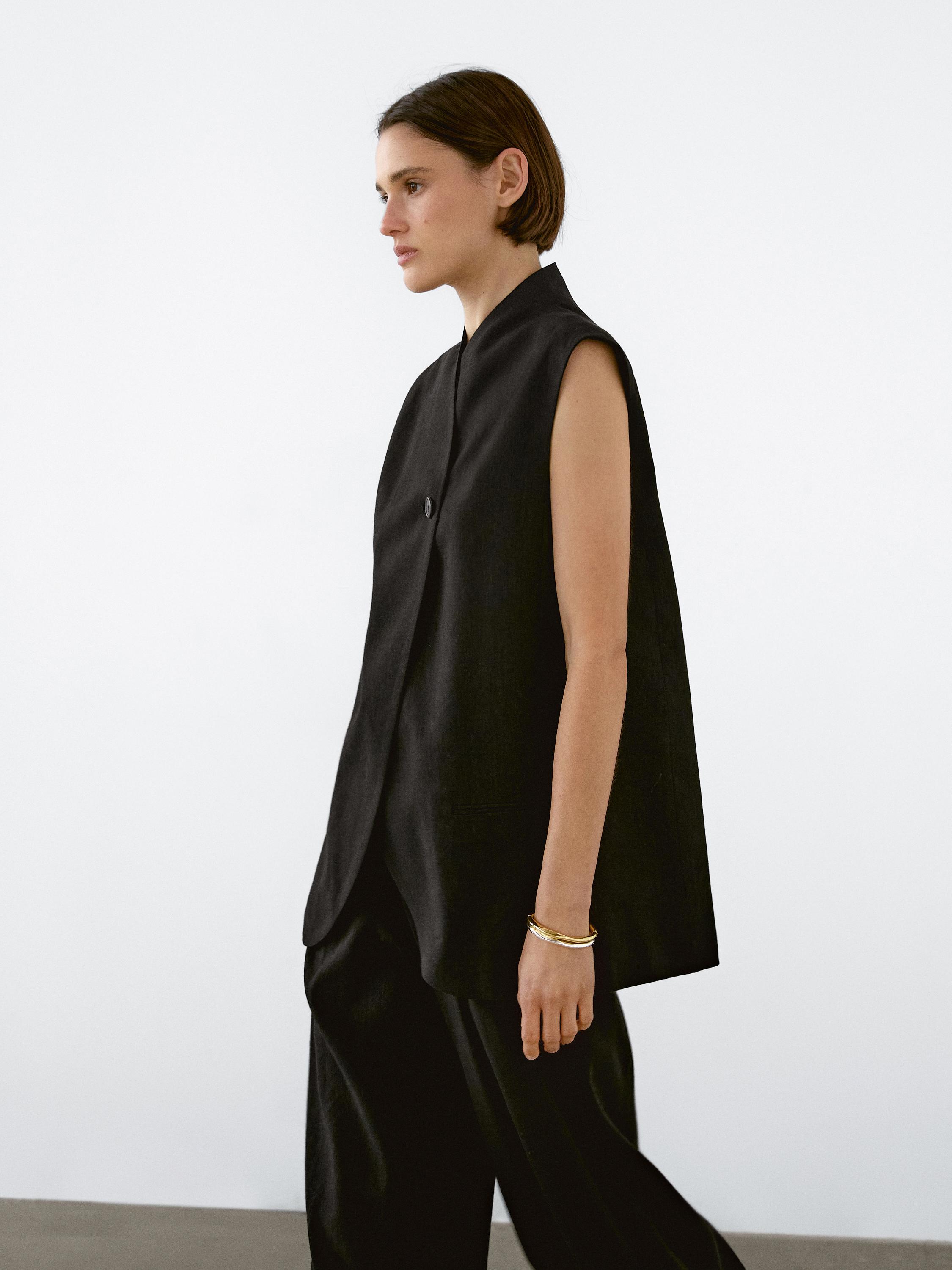 Linen blend high neck waistcoat