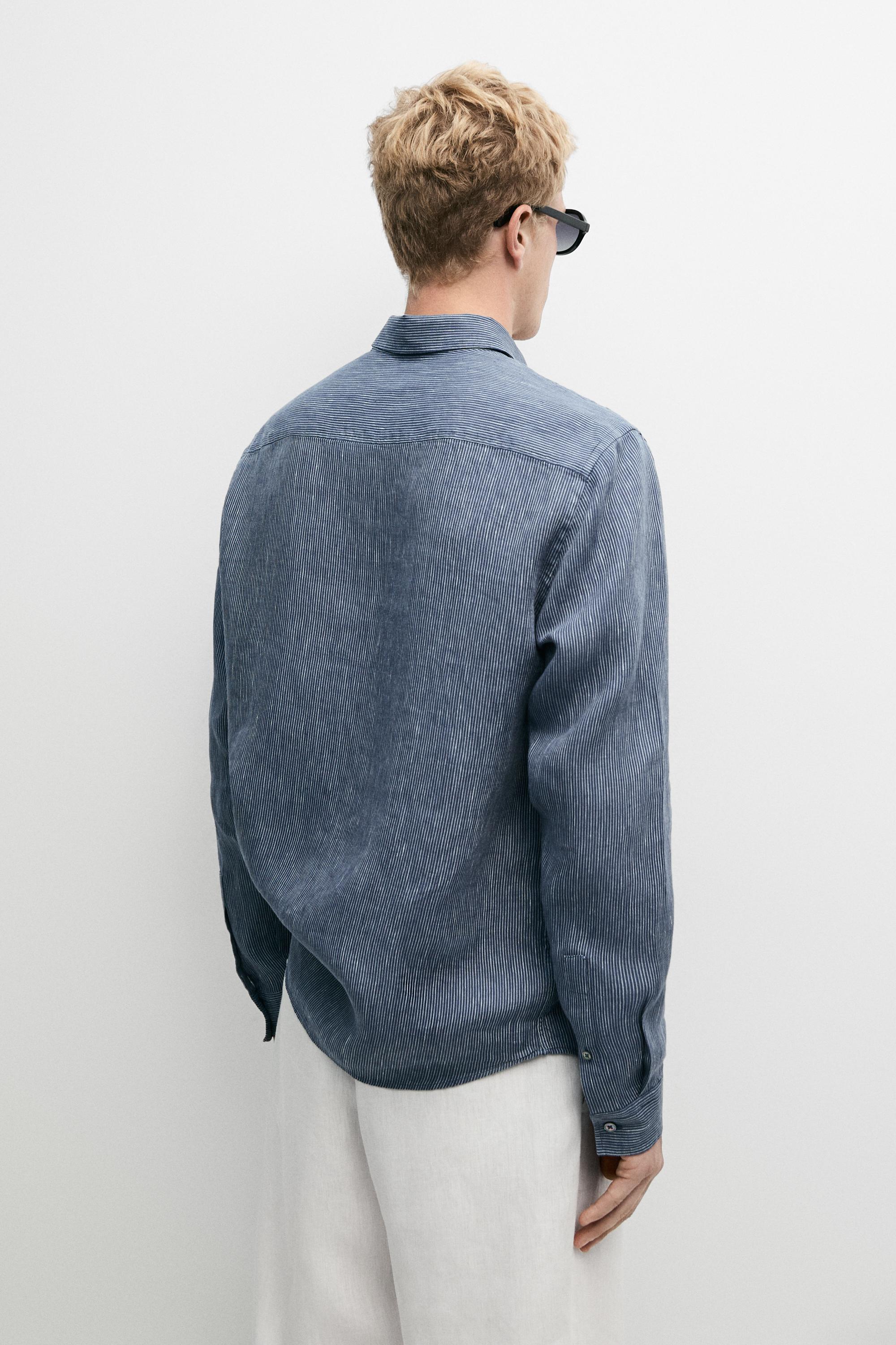 100% linen pinstriped regular fit shirt — NAVY BLUE