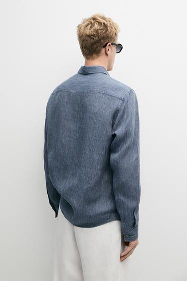 100% linen pinstriped regular fit shirt — NAVY BLUE 5