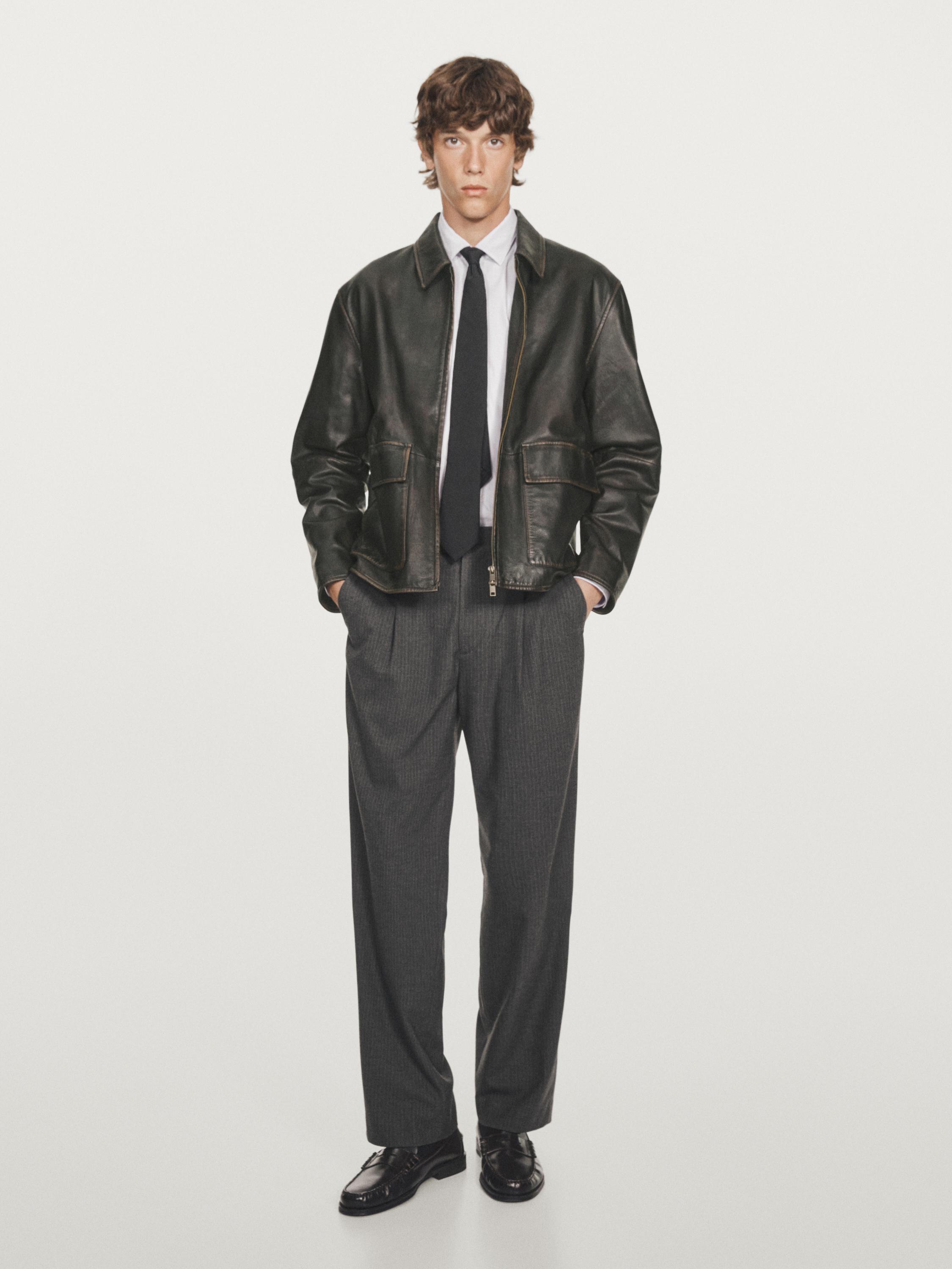 Distressed effect short nappa leather jacket