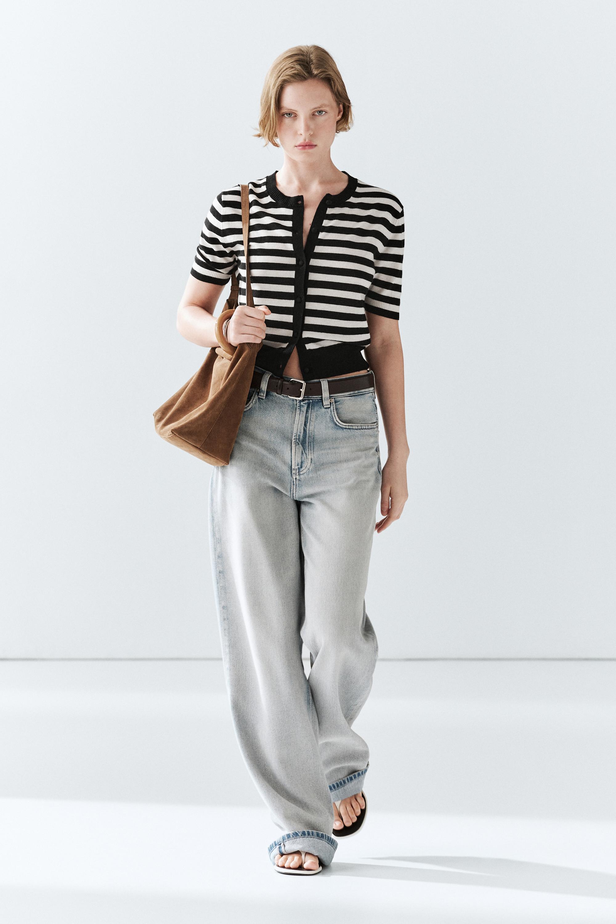 Striped short sleeve knit cardigan — BLACK