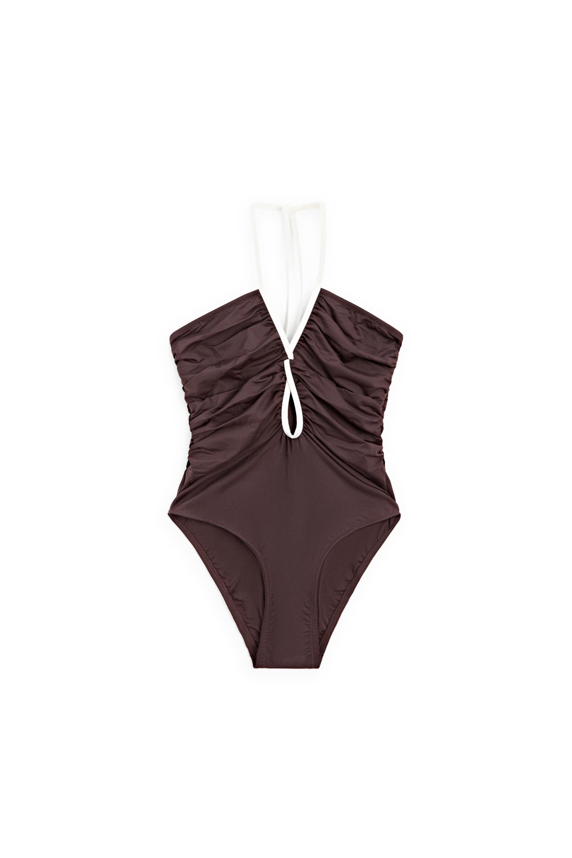 Swimsuit with contrast gathered detail — BROWN