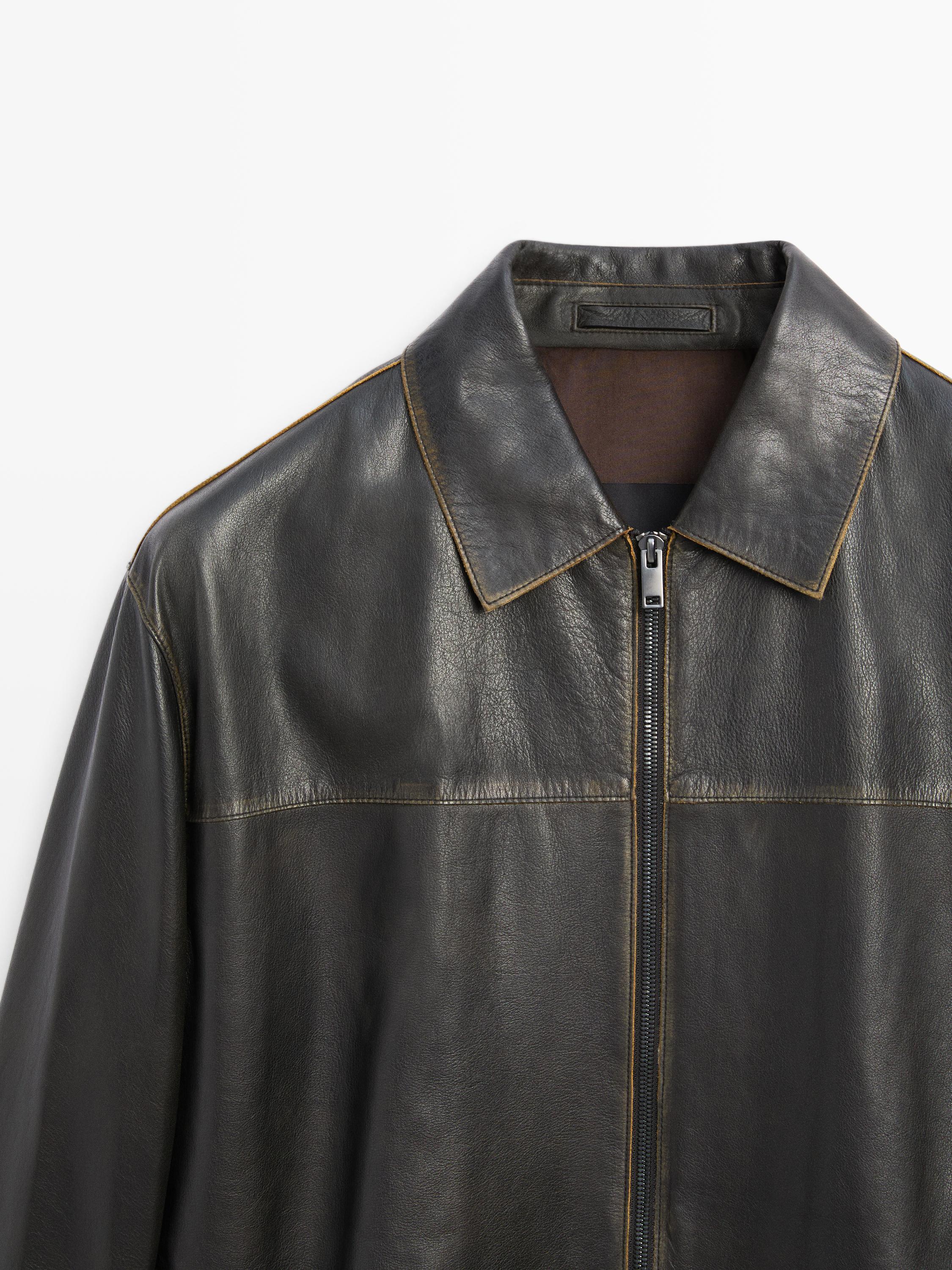 Distressed effect leather jacket — BROWN