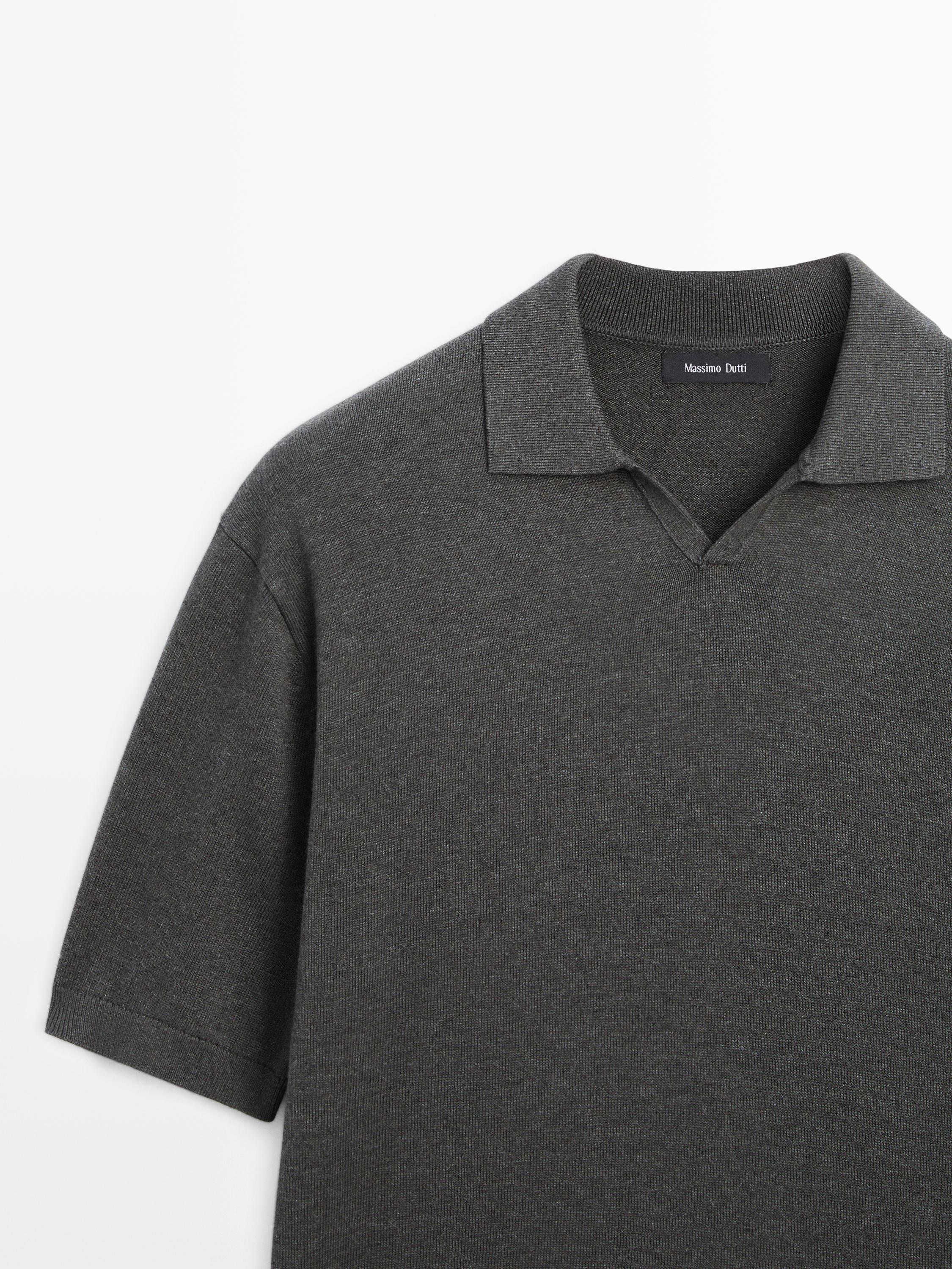 Cotton blend knit polo sweater — Grey