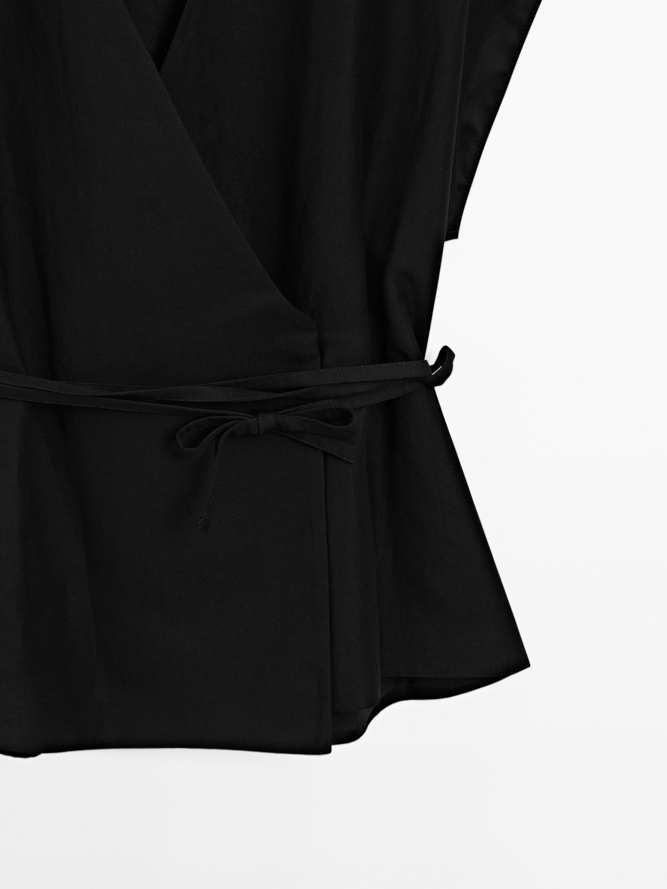 Linen blend crossover kimono with tie detail