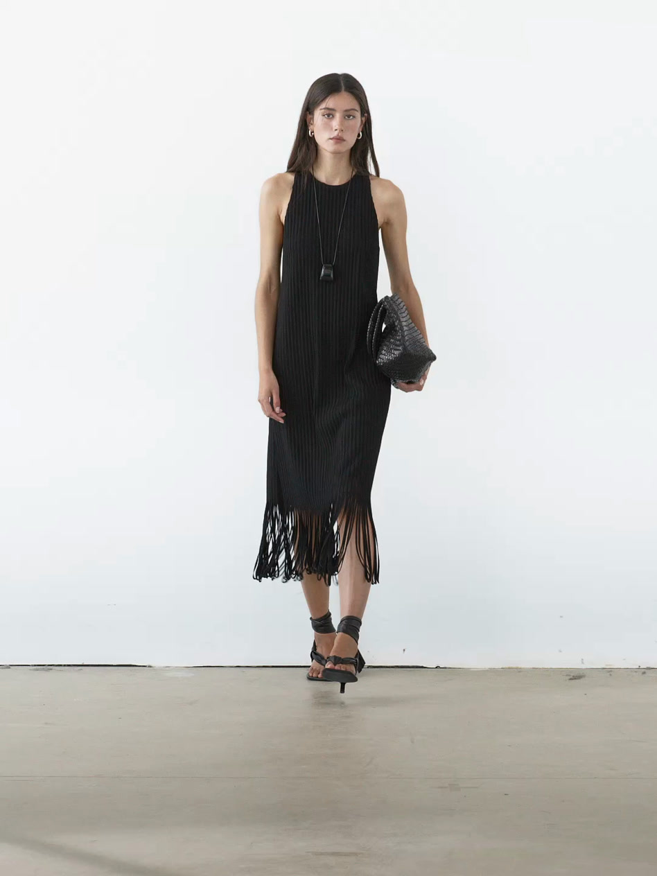 Textured knit dress with fringed hem
