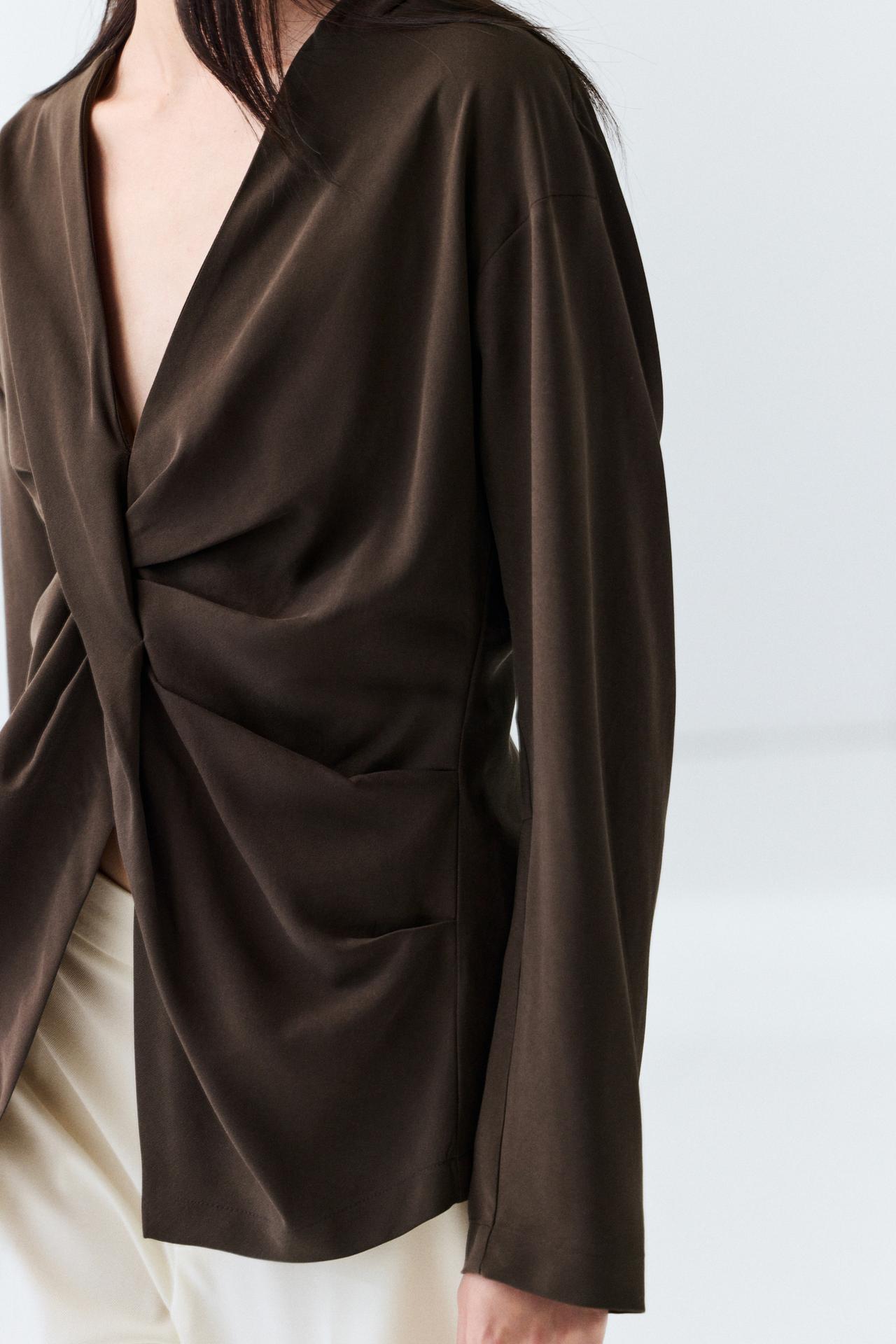 Flowing blouse with draped detail — BROWN