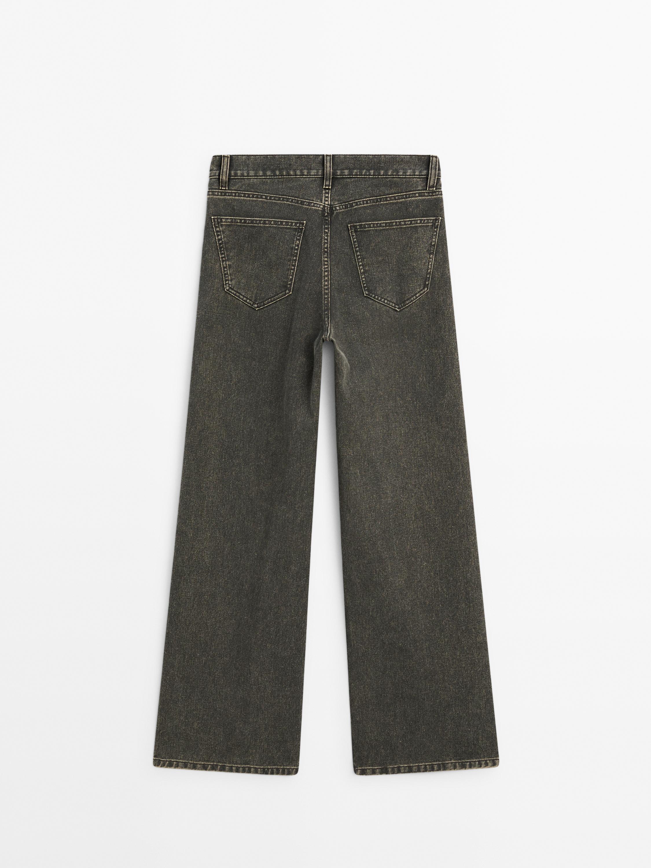Wide-leg coated denim look cotton trousers