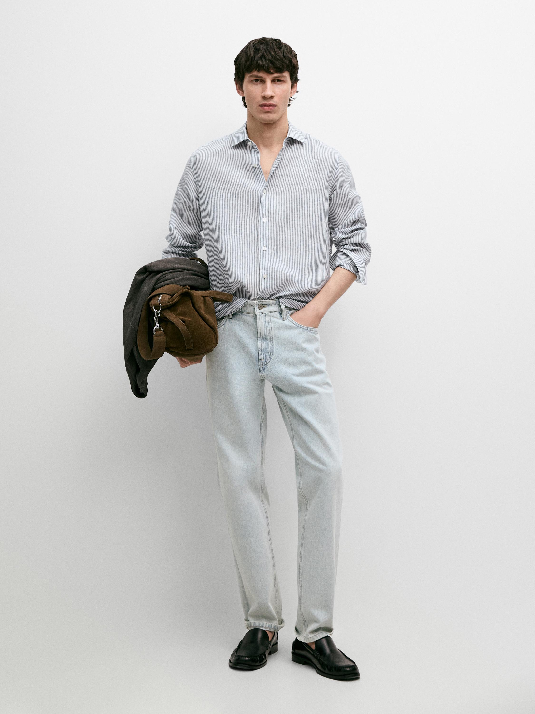 Striped slim fit linen shirt — BLUE
