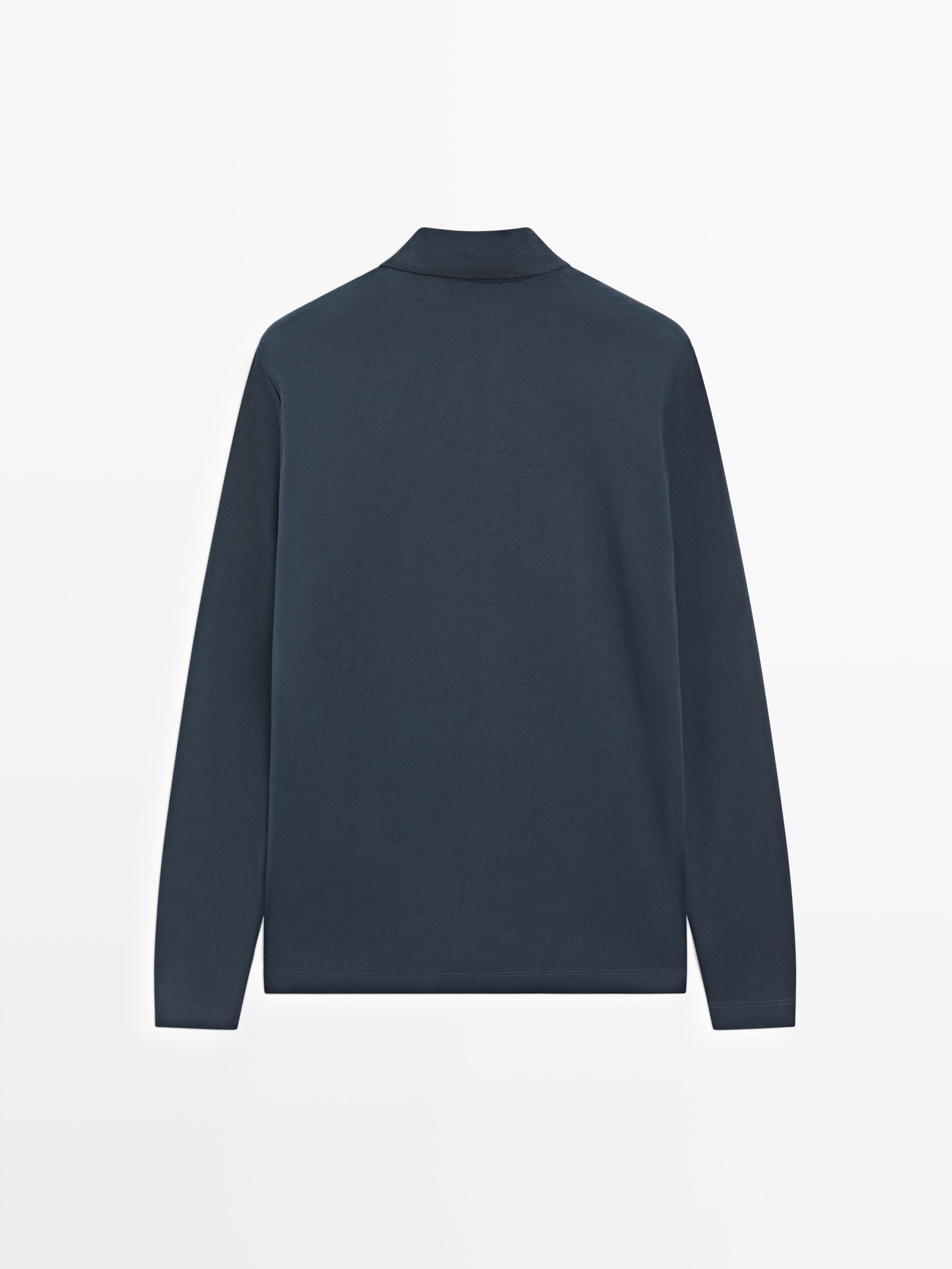 Long sleeve polo shirt with ribbed detail — NAVY BLUE