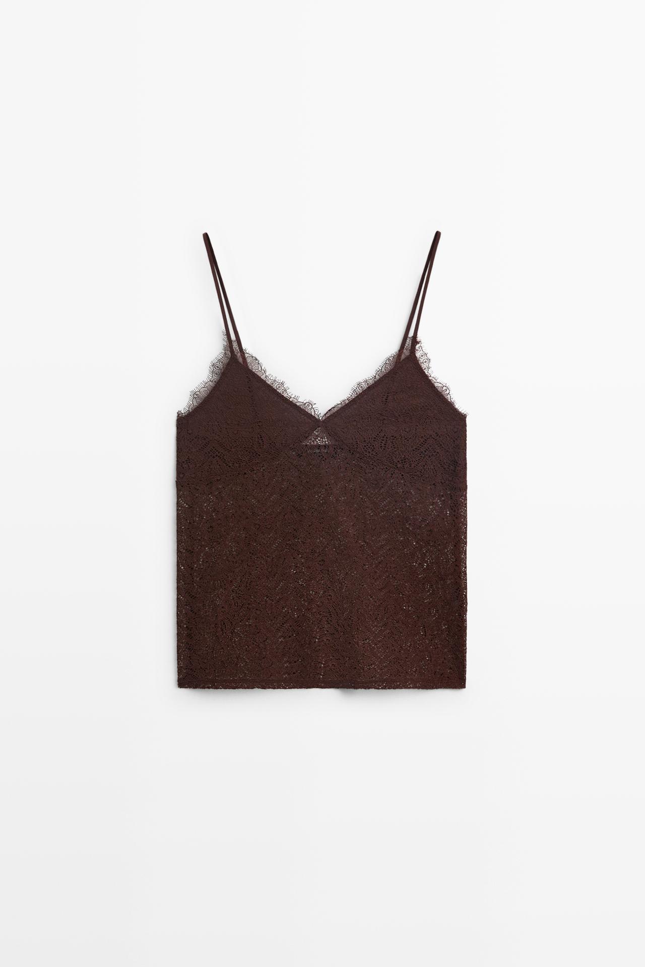 Strappy lace detail top — BROWN