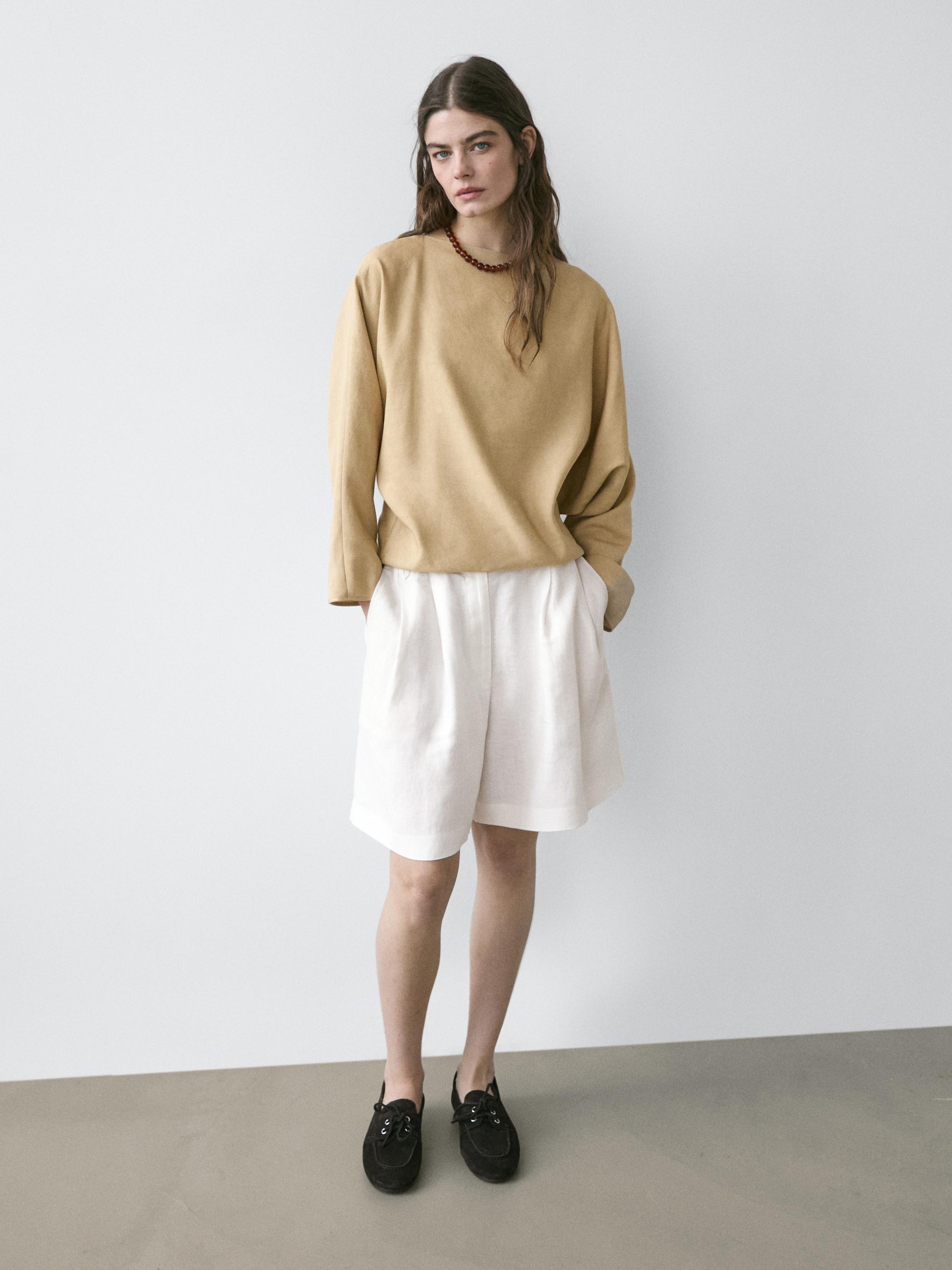 100% linen short pleated Bermuda shorts — WHITE