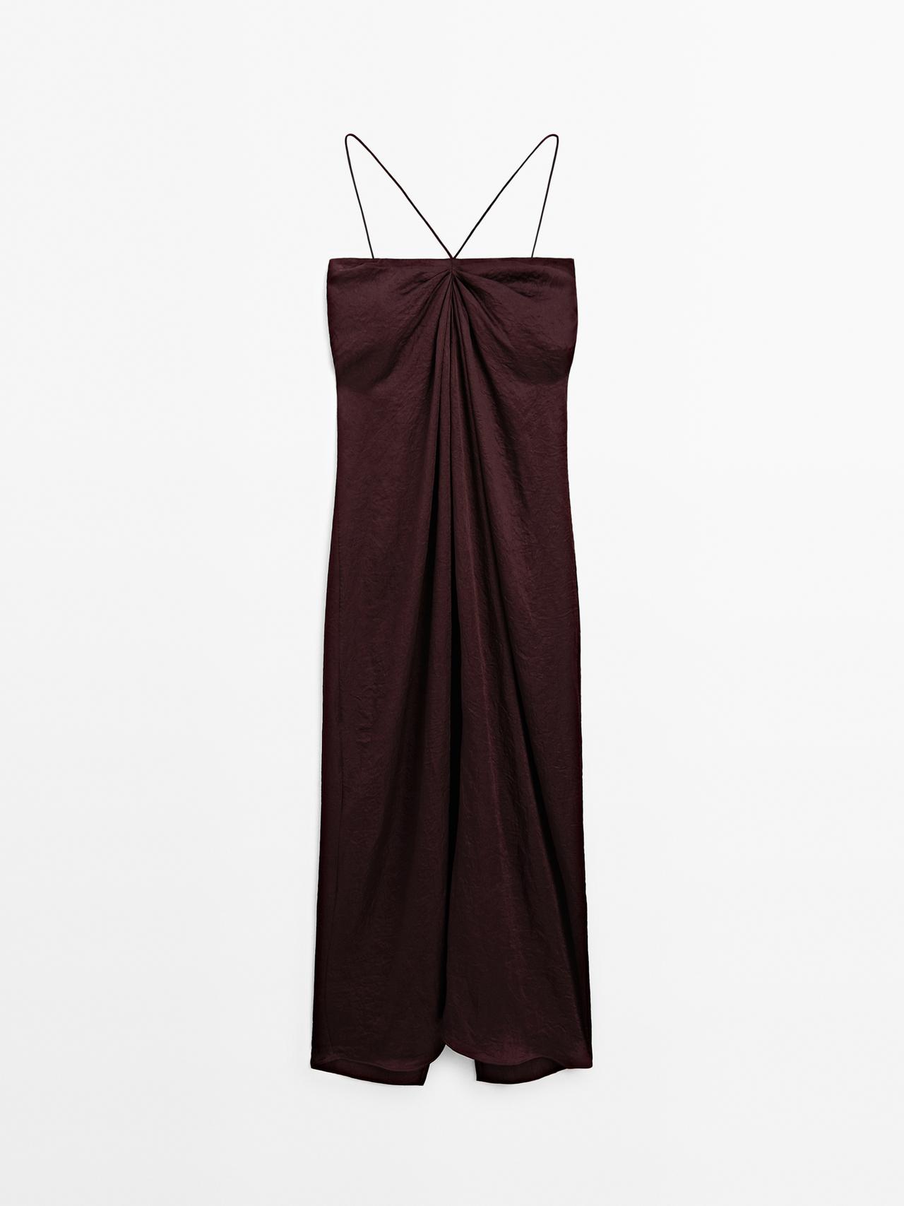 Massimo Dutti - Dame - Draperet Midikjole I Satin - Studio - Granatrød - Xs