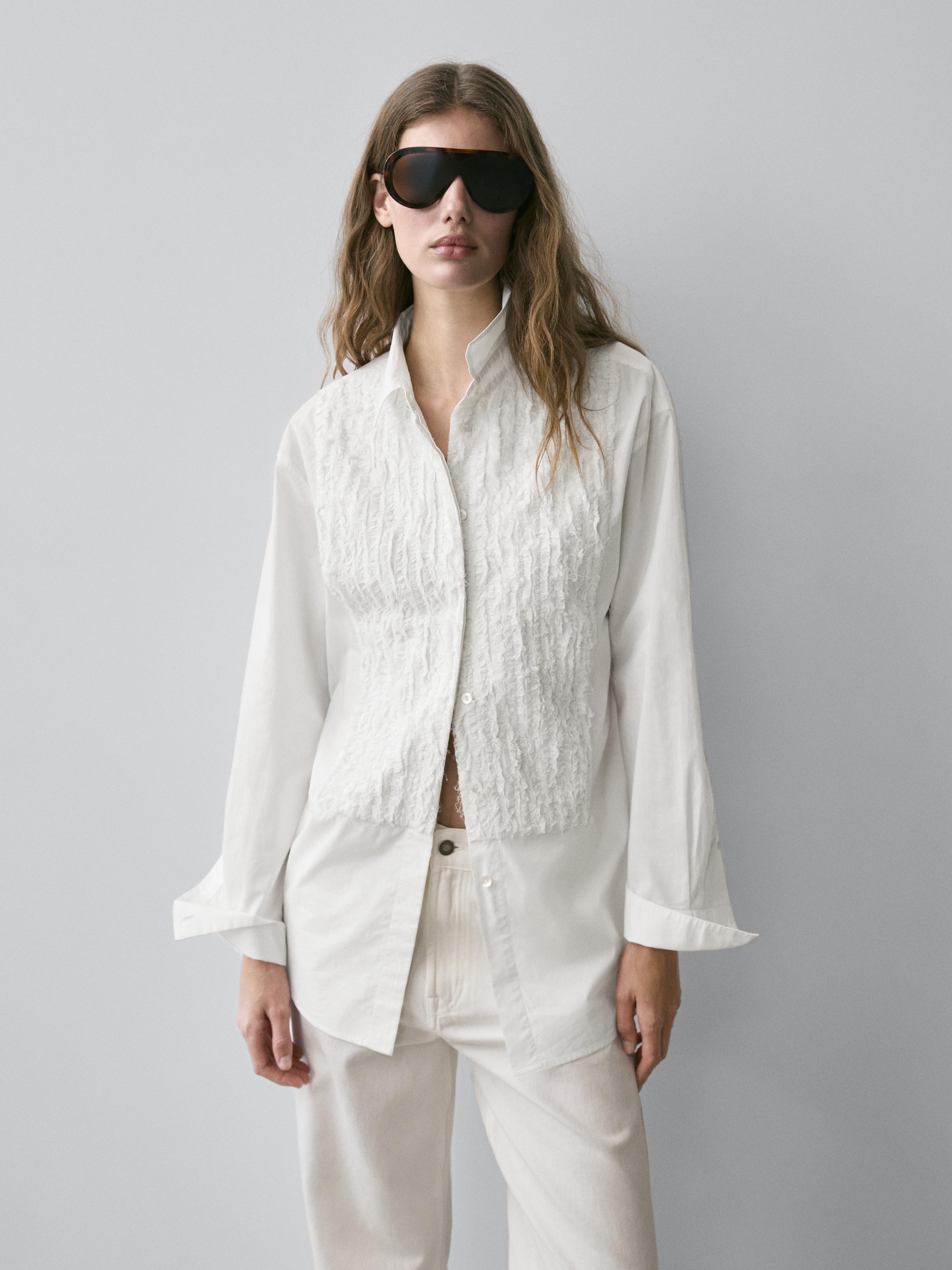 Bib front shirt with embroidered detail — WHITE