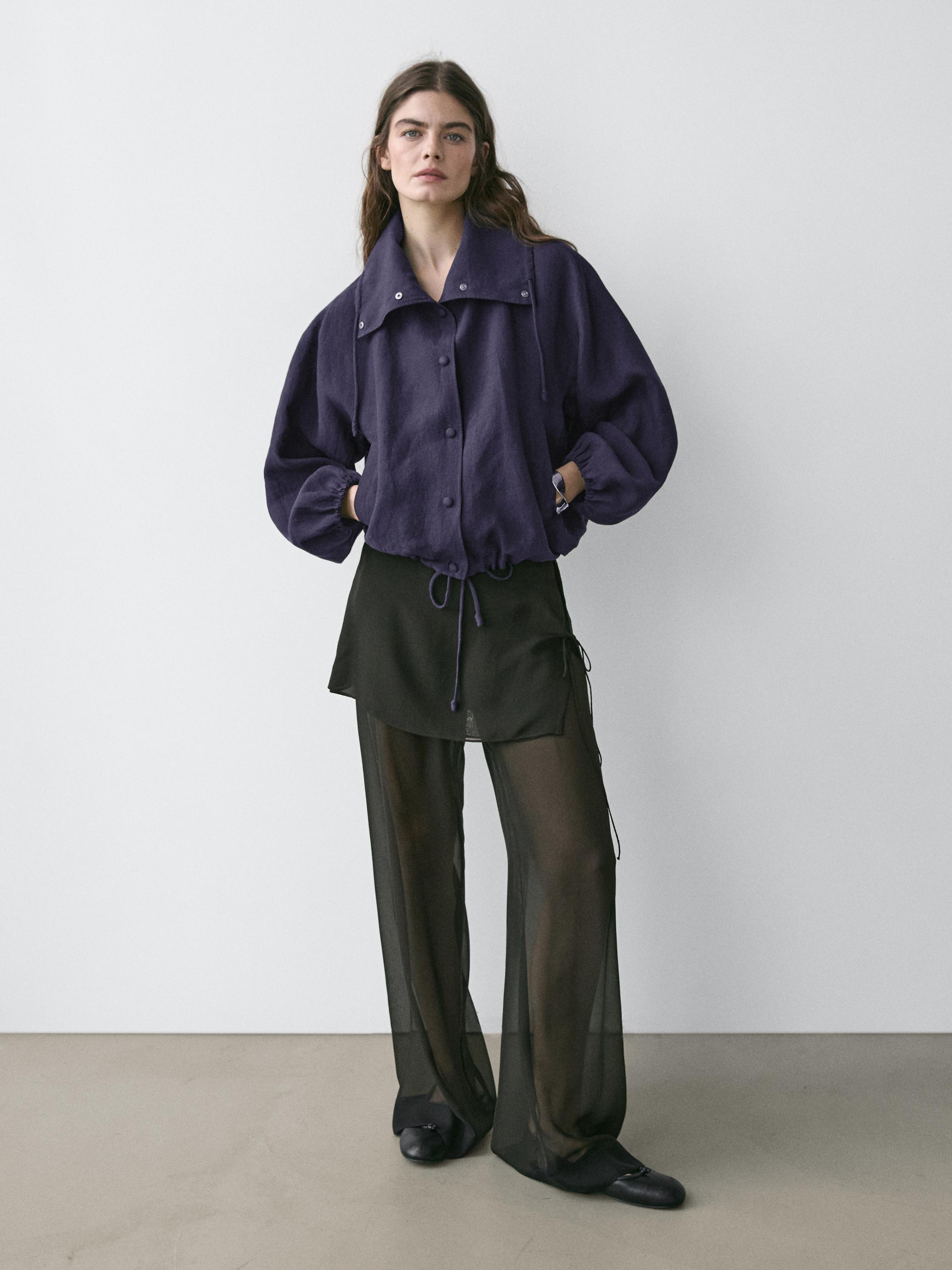 100% linen bomber jacket with collar detail — INDIGO