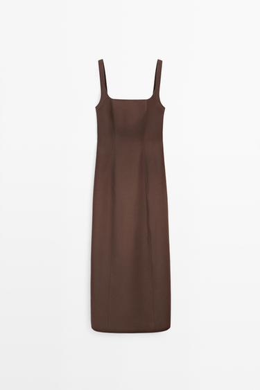 Cotton blend strappy midi dress — BROWN 2