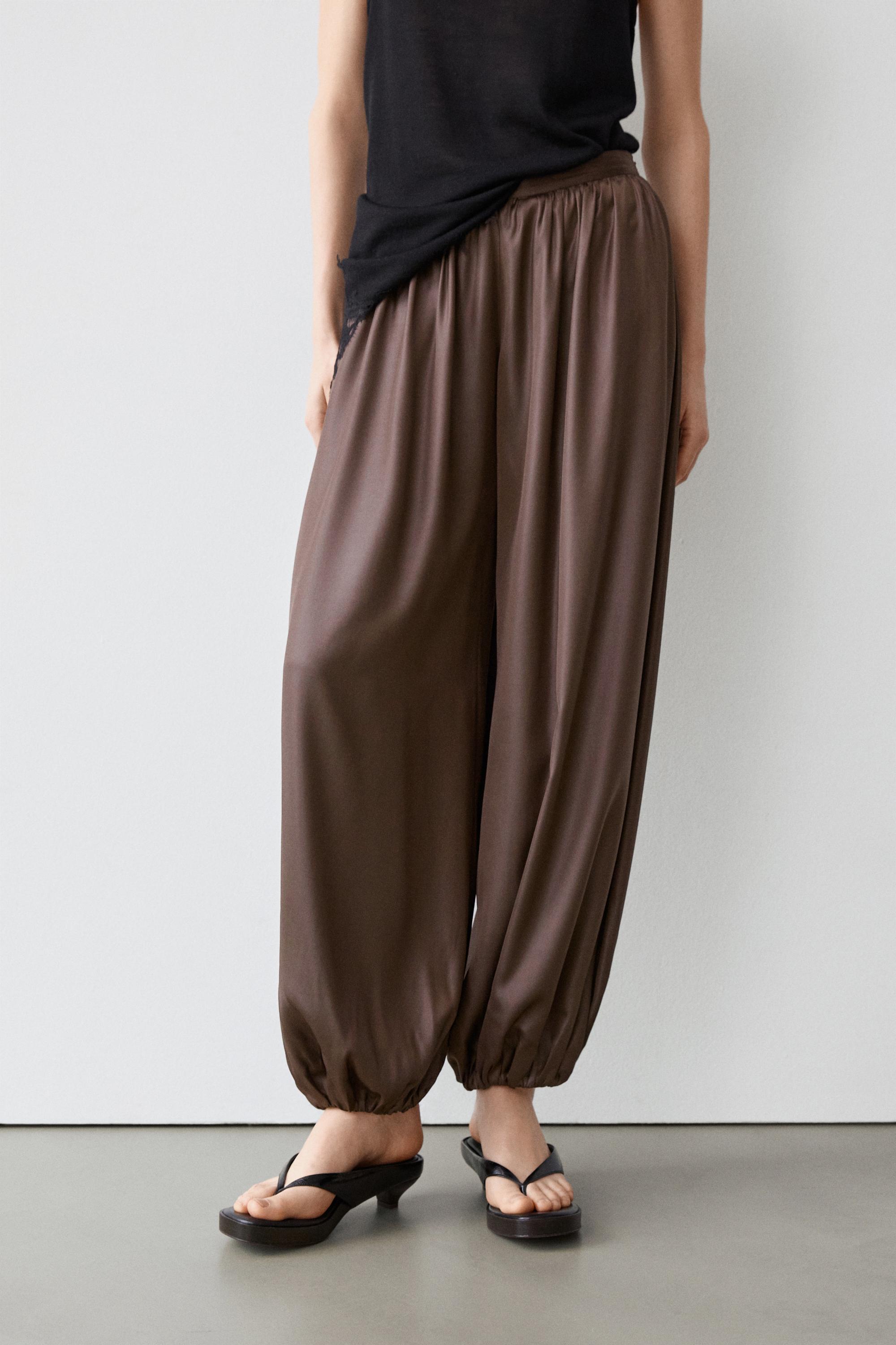 Flowing balloon fit satin trousers — BROWN
