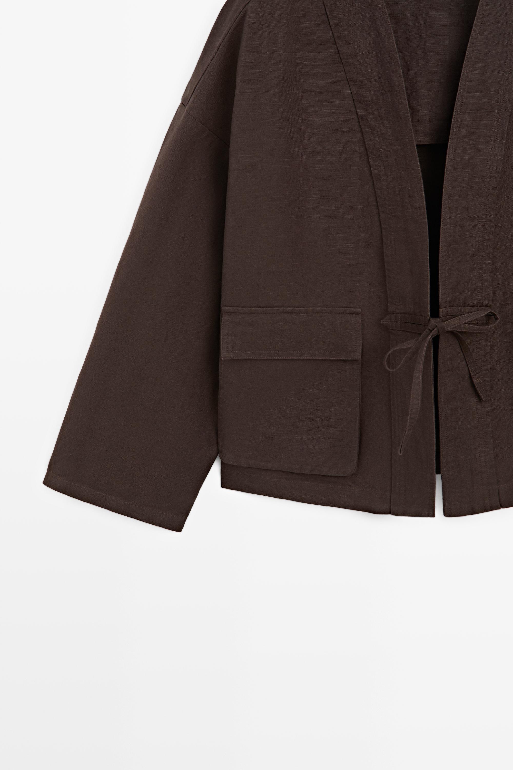 Cotton and linen pocket kimono — BROWN