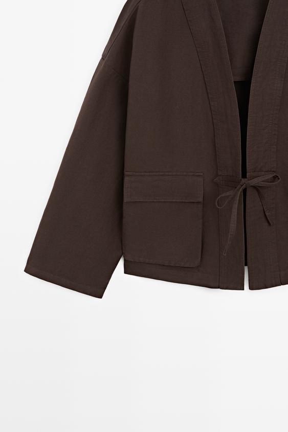 Pamuklu ve keten cepli kimono