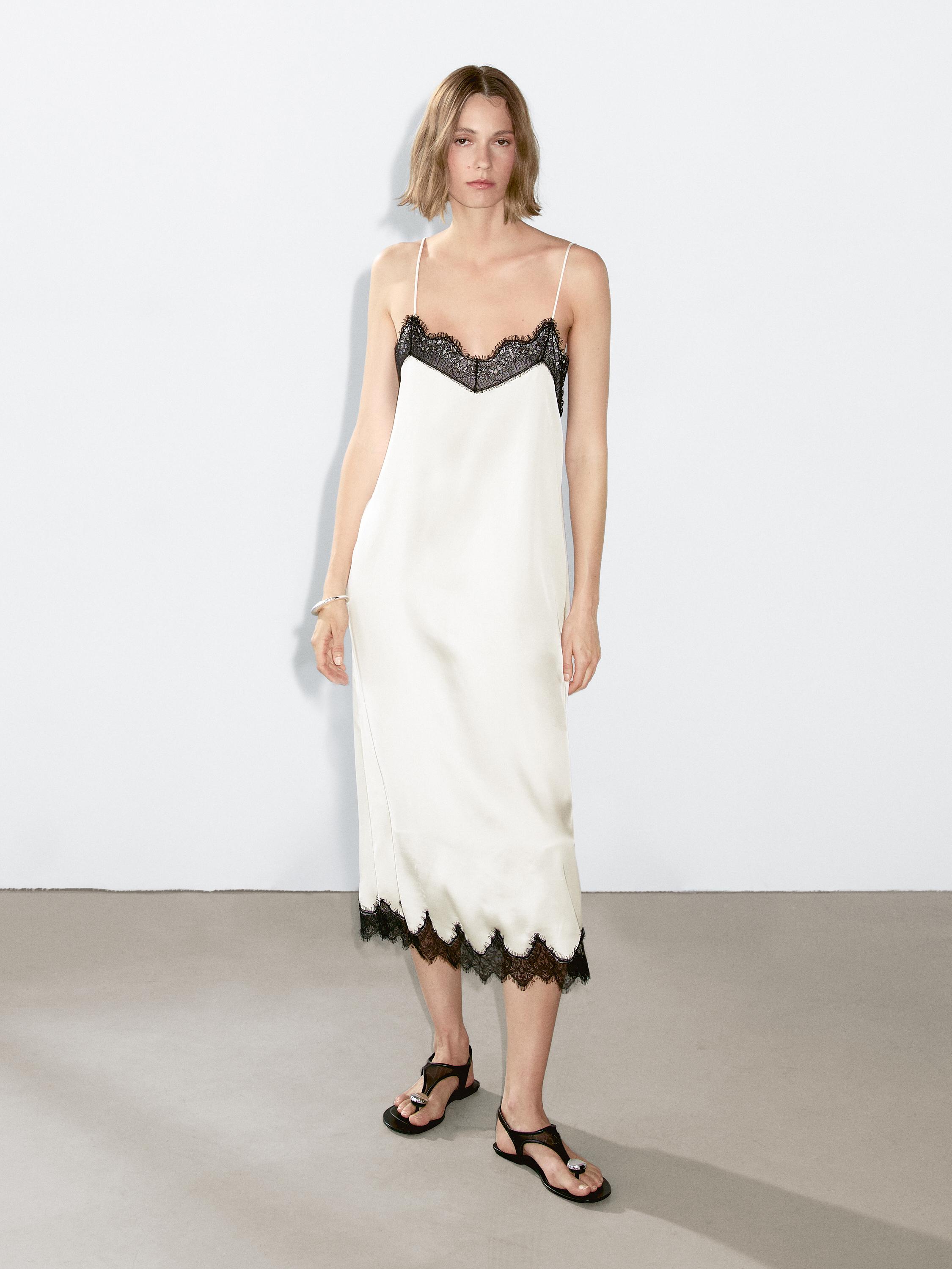 Contrast lace-trimmed midi dress