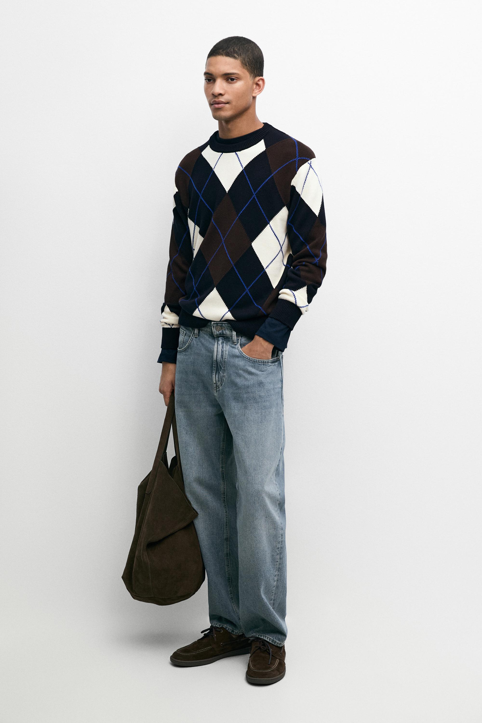 100% Cotton Argyle Knit Sweater — NAVY BLUE